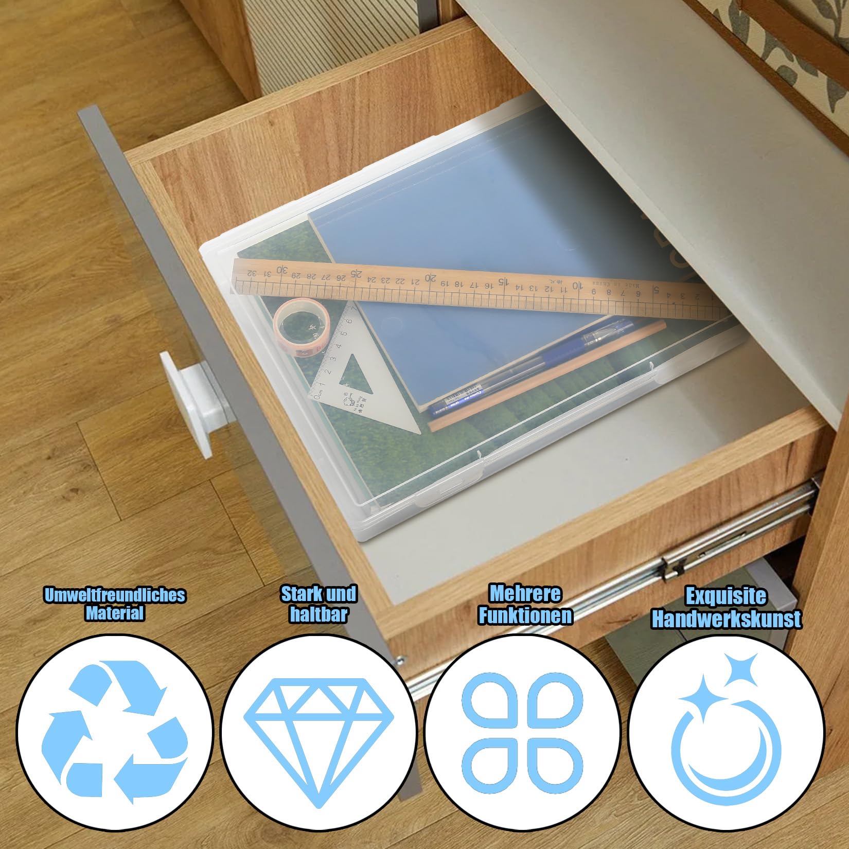 Caja de Almacenamiento A4, 2 Unidades Caja de Plástico Polivalente con Tapa - Transparente y Estable para Apilar para Documentos, Materiales de Manualidades y Oficina (31x22x5cm)