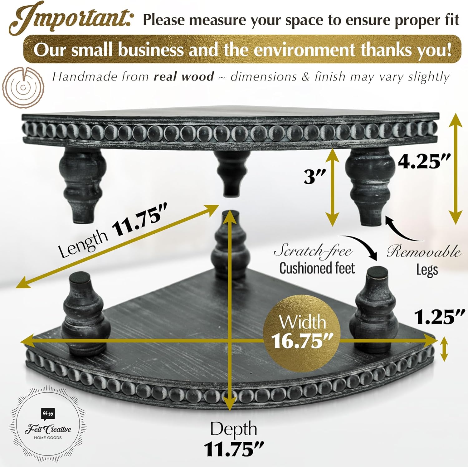 Corner Pedestal Stand Rustic Decor Riser for Display - Farmhouse Wood Rounded Beaded Tray for Kitchen and Bathroom Countertop Organizer, Coffee Bar, Plant Stand with Removable Feet (Rustic Black)