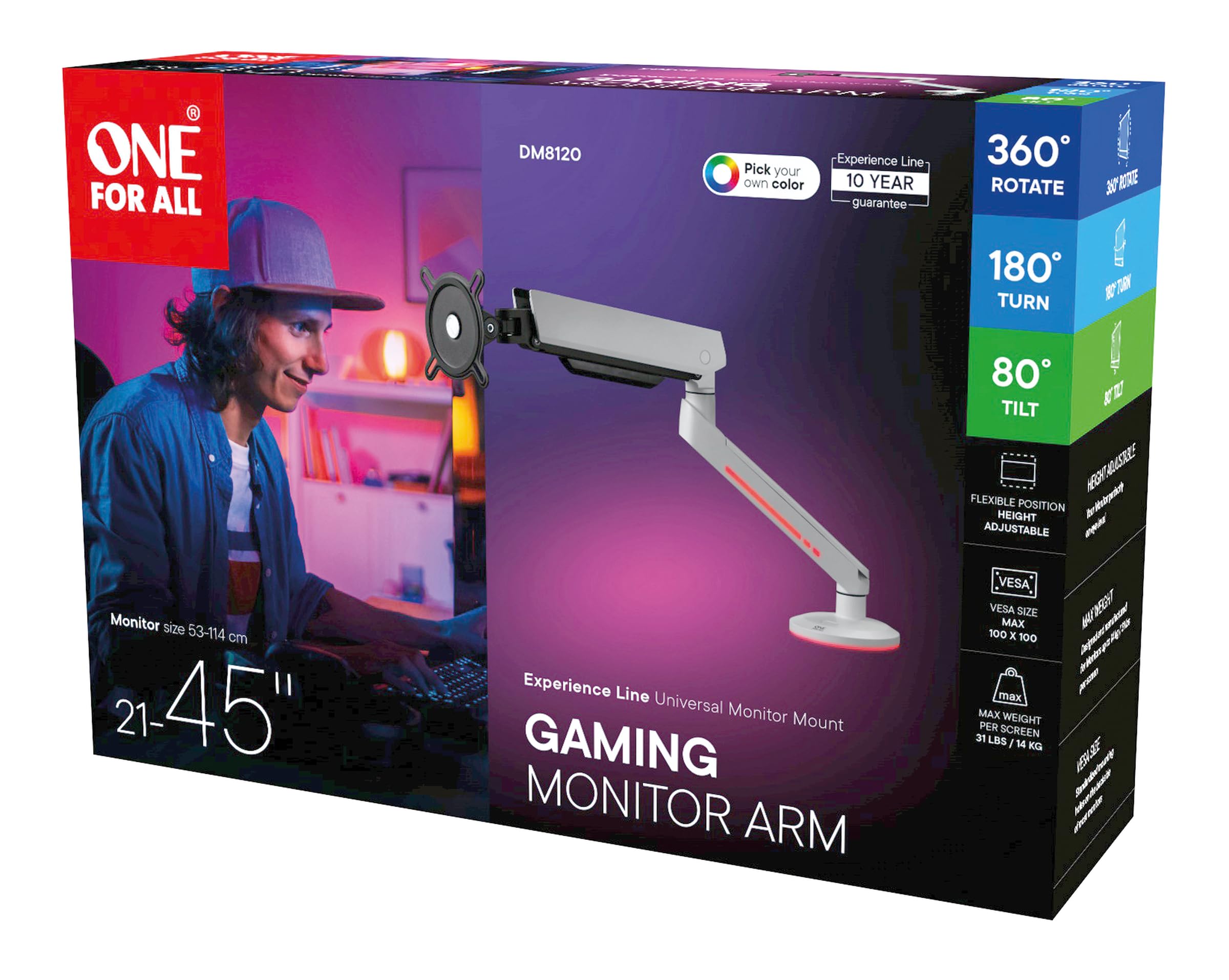 Brazo de Monitor para Gaming One For All para Pantallas de 21" a 45" -VESA 75/100mm -Ajuste de Altura -Inclinación(80°), Giro(180°) y rotación(360°) -Peso máx: 8kg -Blanco (DM8120)
