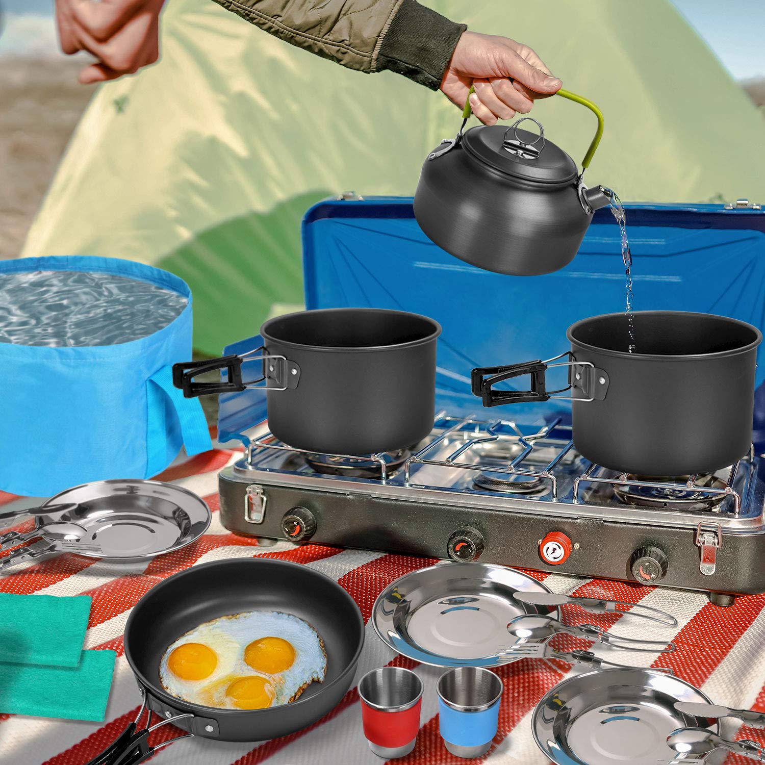 Odoland Multi-PCS Kit de Casseroles Camping, Cookware Kit Durable et Compact avec réservoir d'eau Pliable 12L et Seau, Bouilloire et Tasses en Acier Inoxydable pour Randonnée/Outdoor/Pique-Nique