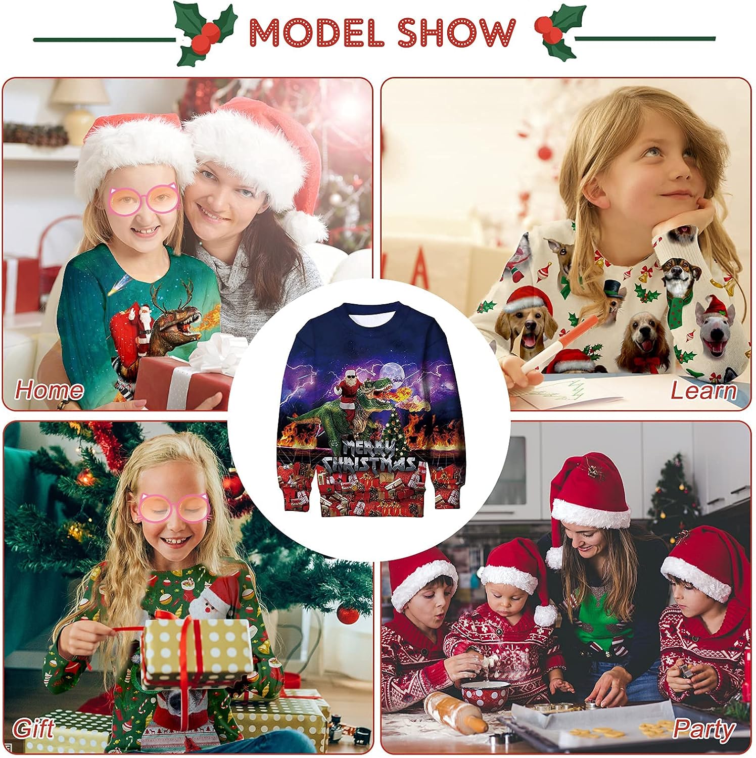 Funnycokid Kids Ugly Christmas Sweater Boys Girls Funny Xmas Sweatshirt Size 10-12 Novelty Fleece Clothes Santa Dinosaur Outfit 10 12 Years