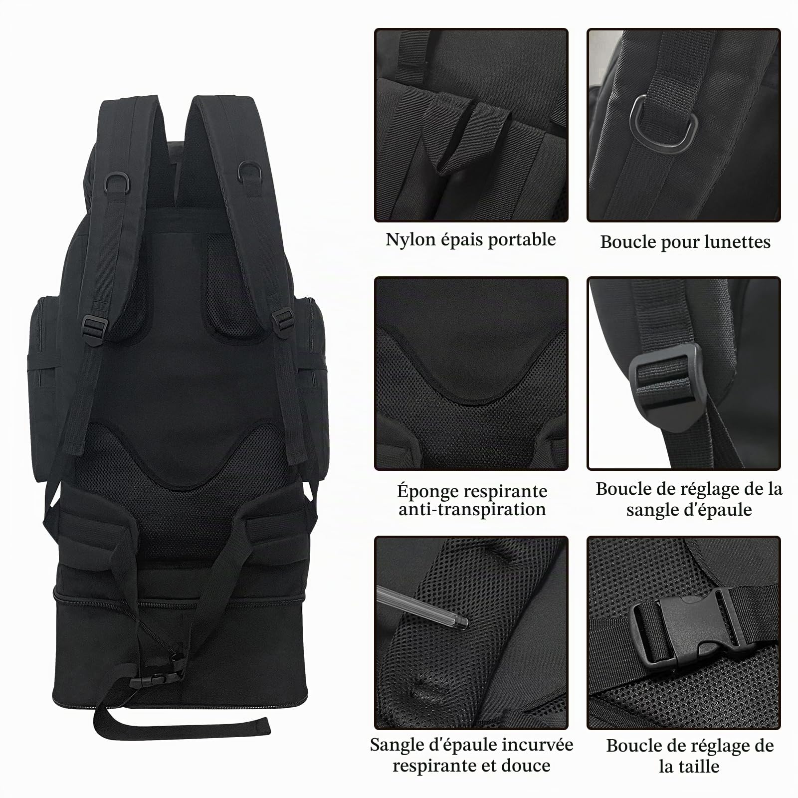 Sac à Dos De Randonnée De Camping 100L, Sac à Dos Tactique Militaire Molle, Sac à Dos De Randonnée Extra Large, Sac à Dos De Voyage, Sacs de Trekking de Camping Résistants à l'eau (Noir)