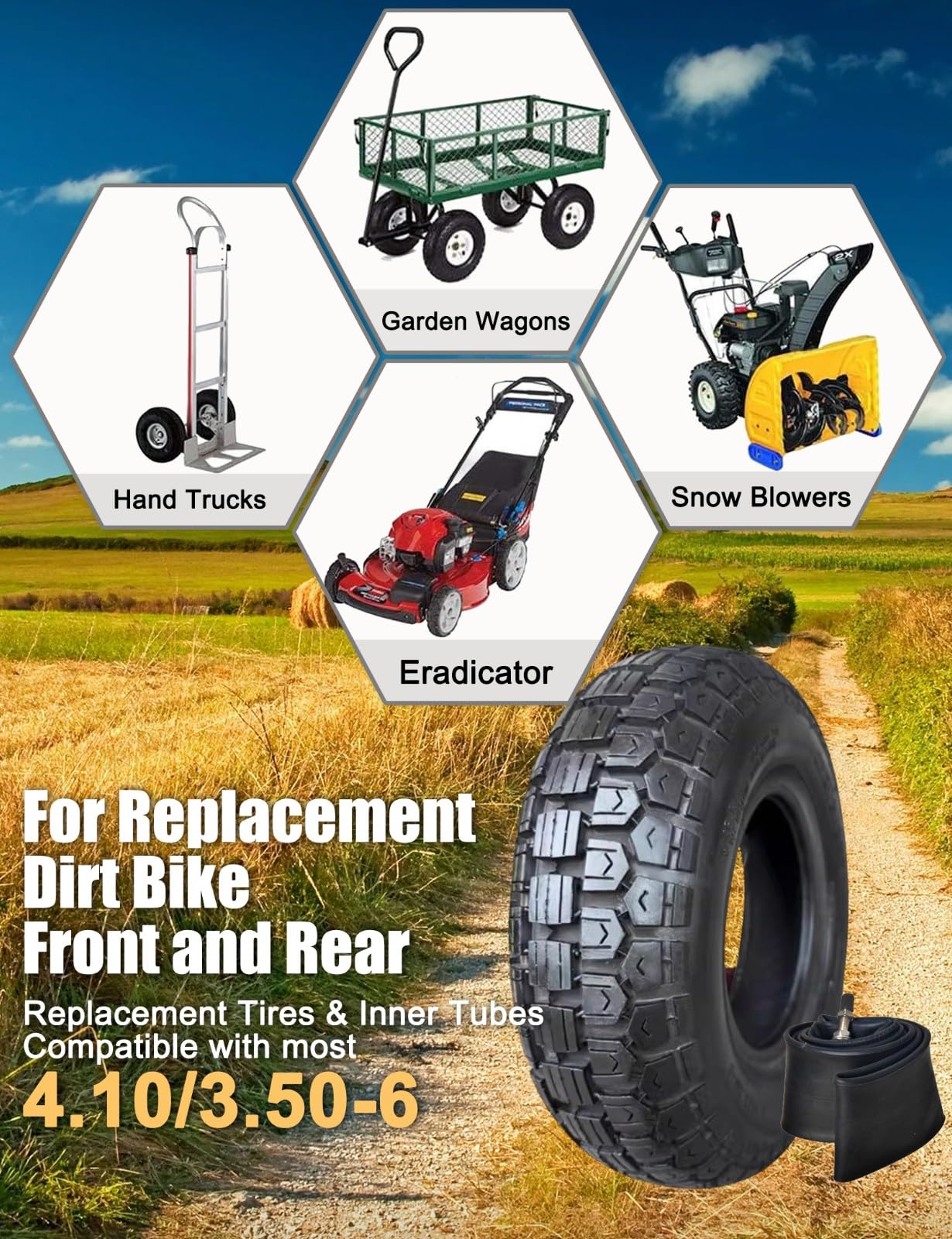 4.10/3.50-6 Sostituisce il pneumatico e la camera d'aria 4.10-6 Adatto a Go Kart, ATV, Quad, 4 ruote, Minimoto, Motocoltivatori, Spazzaneve, Carriole, Trattorini, 50 PSI