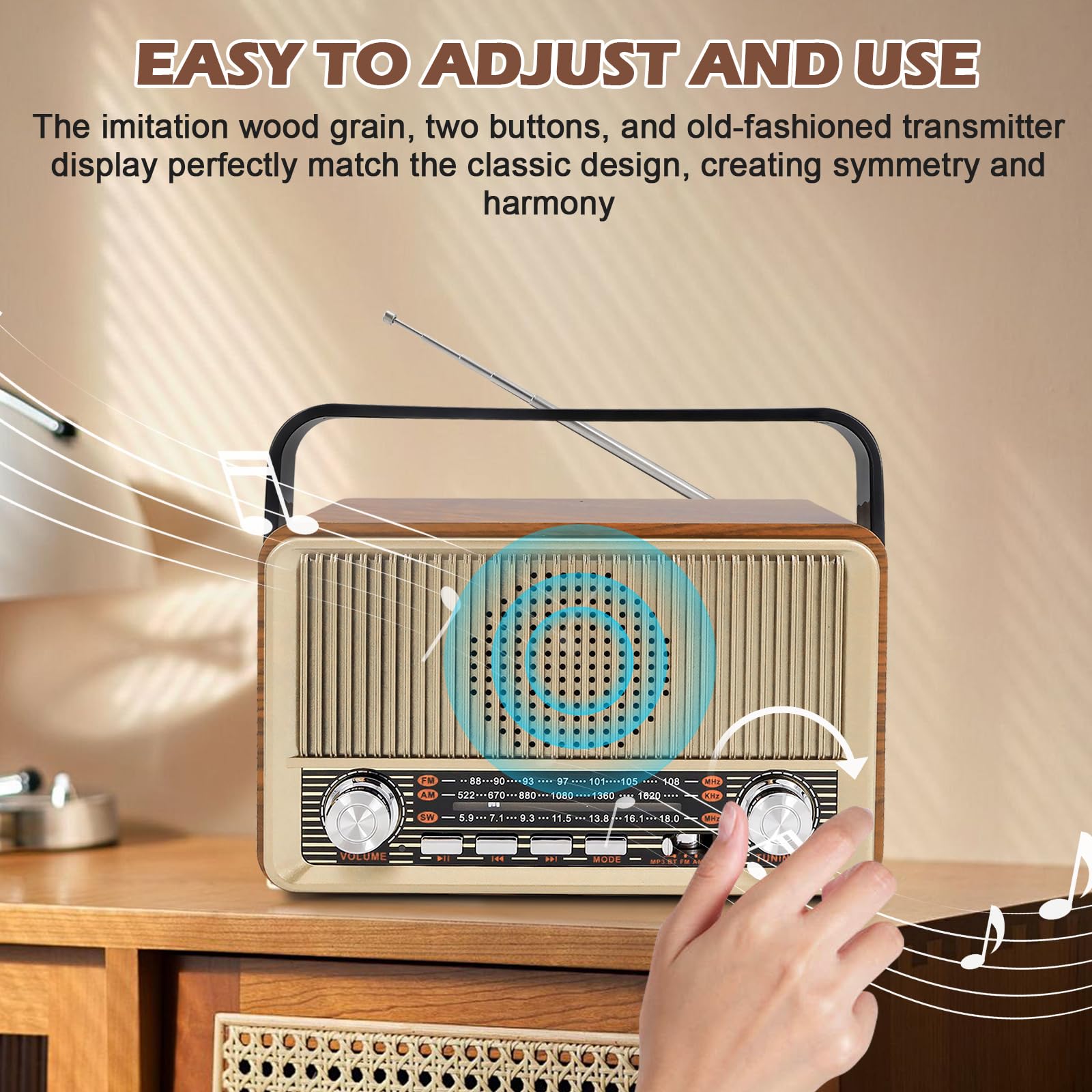 Radio rétro avec Bluetooth, petite radio de valise nostalgie avec AM/FM/SW3, USB/TF/AUX, rechargeable, radio de cuisine, radio vintage pour cuisine, bureau, extérieur