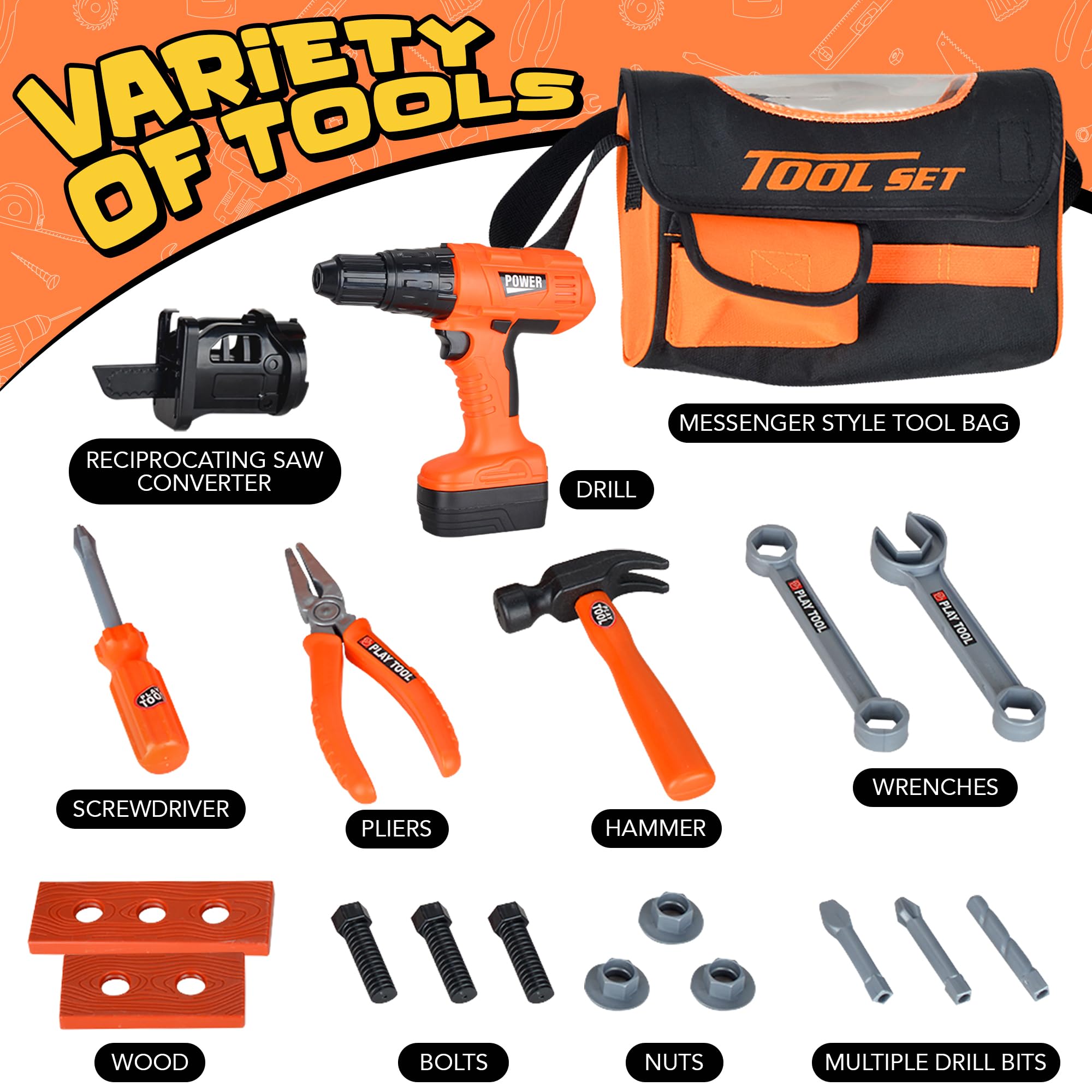 ArtCreativity Power Drill Tool Set for Kids - Pretend Playset with 2-in-1 Toy Drill with Lights, Sounds, Motion - Includes Toy Hammer, Pliers, Bolts, Screwdriver and More - Sturdy Bag for Storage