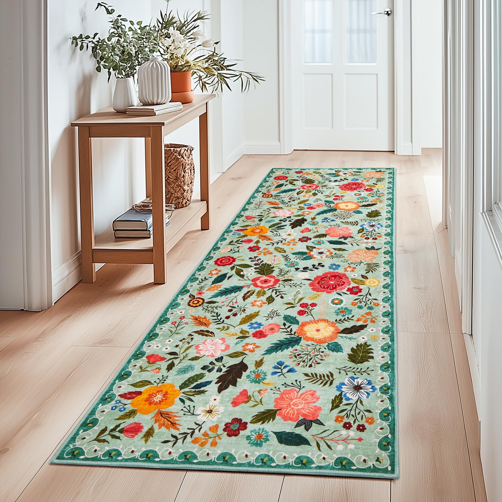 Puremy Rugs Living Room, Runner Rugs for Hallway, Ultra Thin Anti-Slip Long Floral Carpet Washable Area Rug for Bedside Entryway Hall Bedroom Boho Low-Pile Indoor, 80x150cm, Green