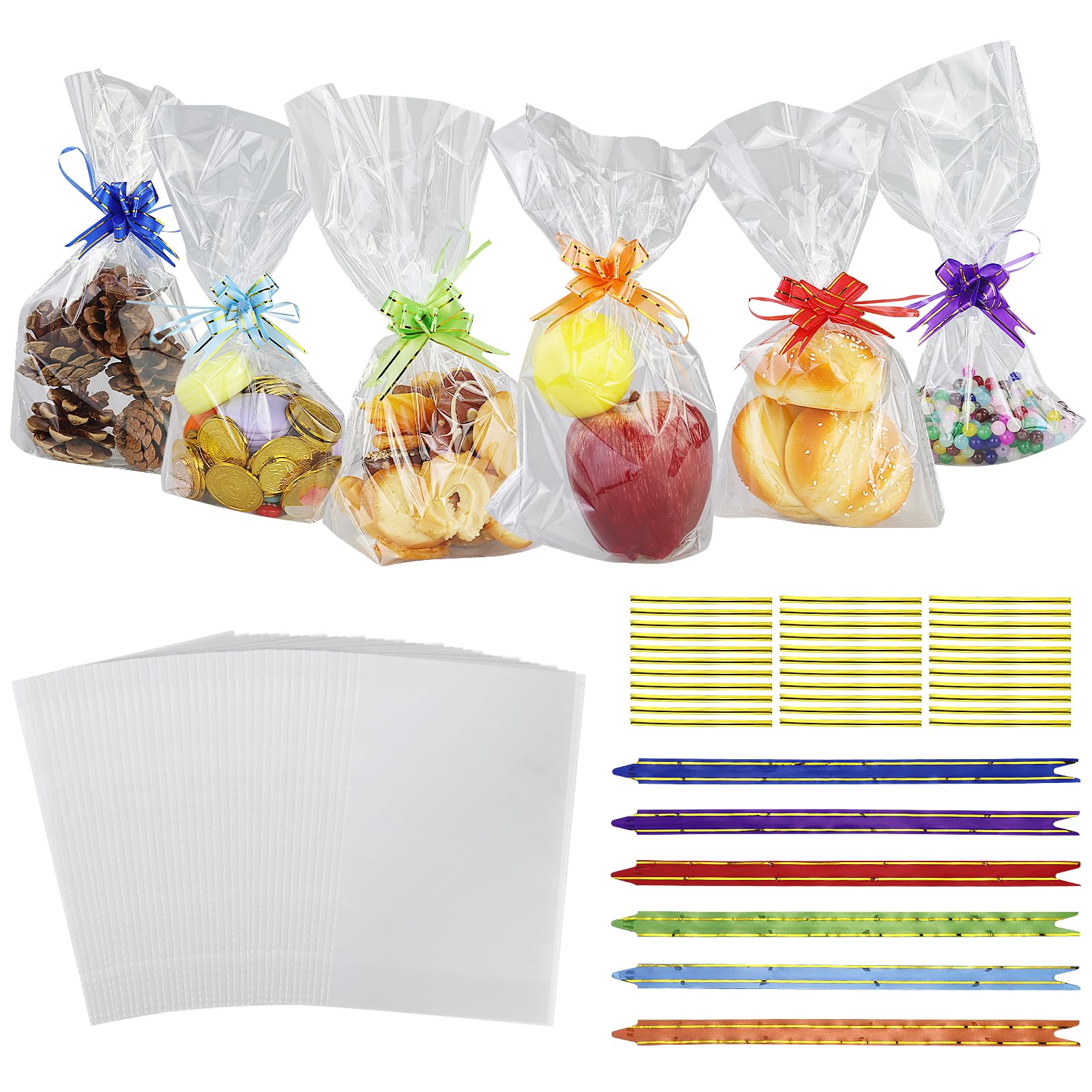 Ltishabiltd Transparent 60Pcs Clear Cellophane Treat Bags, 15 X 25 Cm Clear Resealable Flat Cello Bags Opp Plastic Bag Cellophane Storage Bags With 60Pcs Mix Colors Pull Bows For Candy, Soap, Cookie, Valentine Chocolates