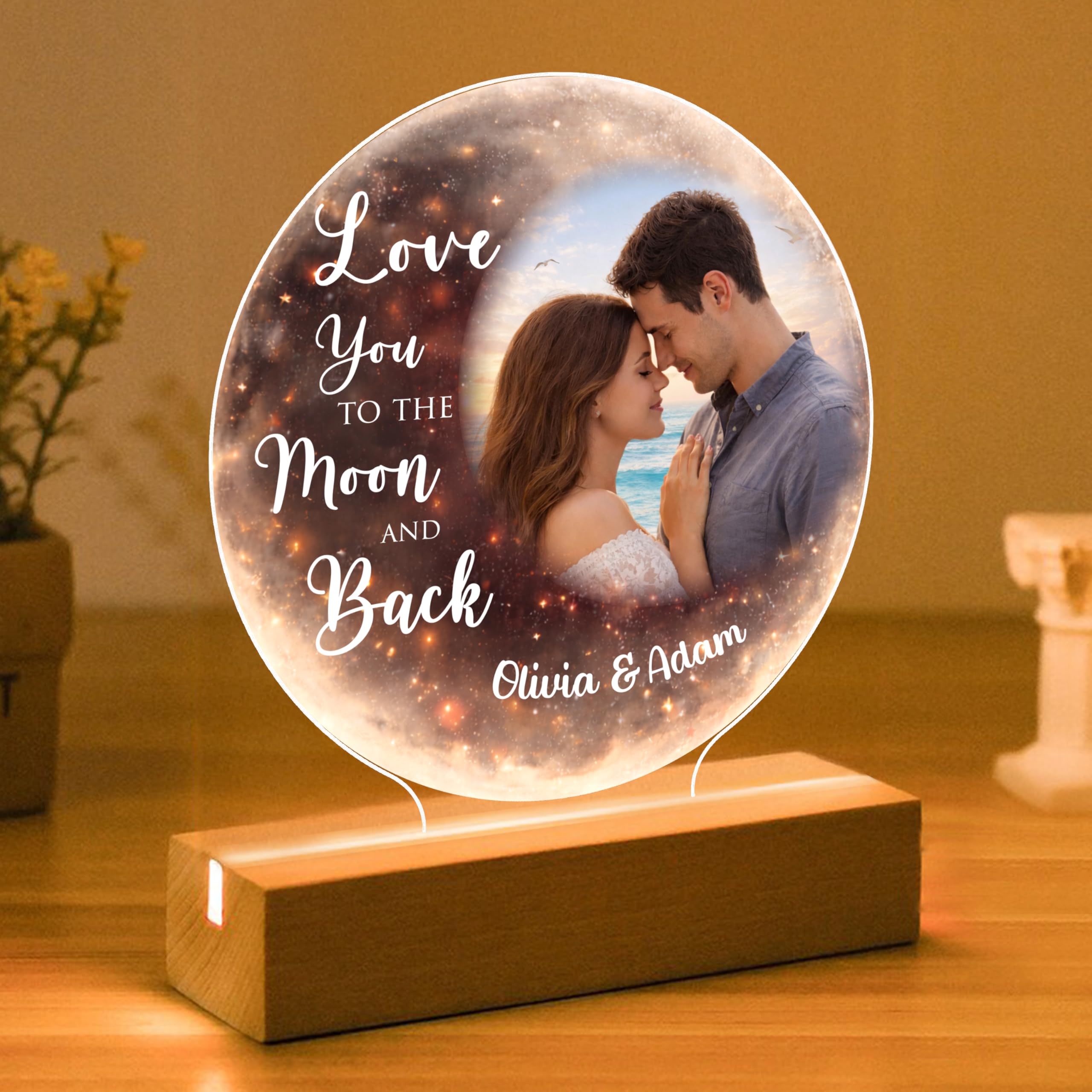Star Online Moon Personalised Valentines Gift For Him & Her, Custom Couple Photo Acrylic Night Light Plaque “I Love You To The & Back”, Romantic Present For Boyfriend Or Girlfriend (Moon)