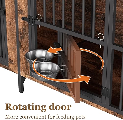 Miniatura 3 de Mueble de jaula para perros, jaula doble para perros con parte superior de almacenamiento y cuencos giratorios para alimentos, perrera decorativa de