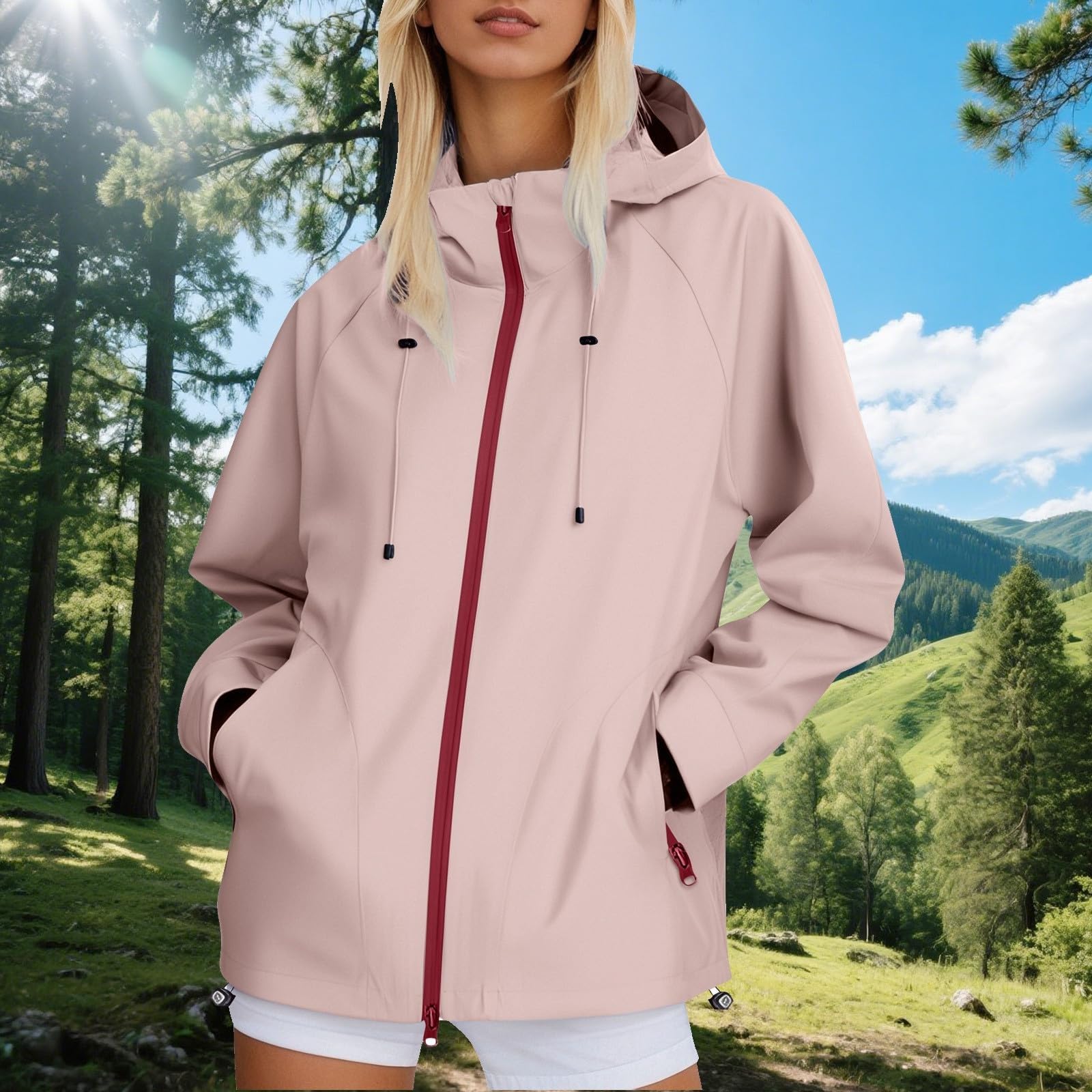 Giacca Antipioggia Da Donna Con Cappuccio, Casual, Ampia, Cerniera, Regolabile, Per Escursioni All'Aperto, Antivento Cappotti Cintura Impermeabile Trekking Sportiva Moto Elegante Estiva