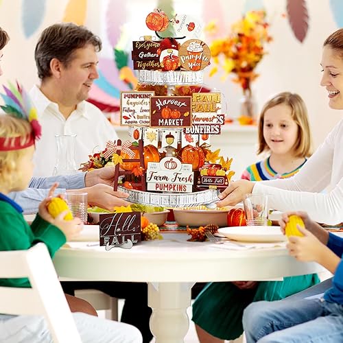 Miniatura 6 de FairySandy Juego de 14 piezas de decoración de bandeja escalonada de calabaza de otoño para Acción de Gracias, juego de decoraciones rústicas de