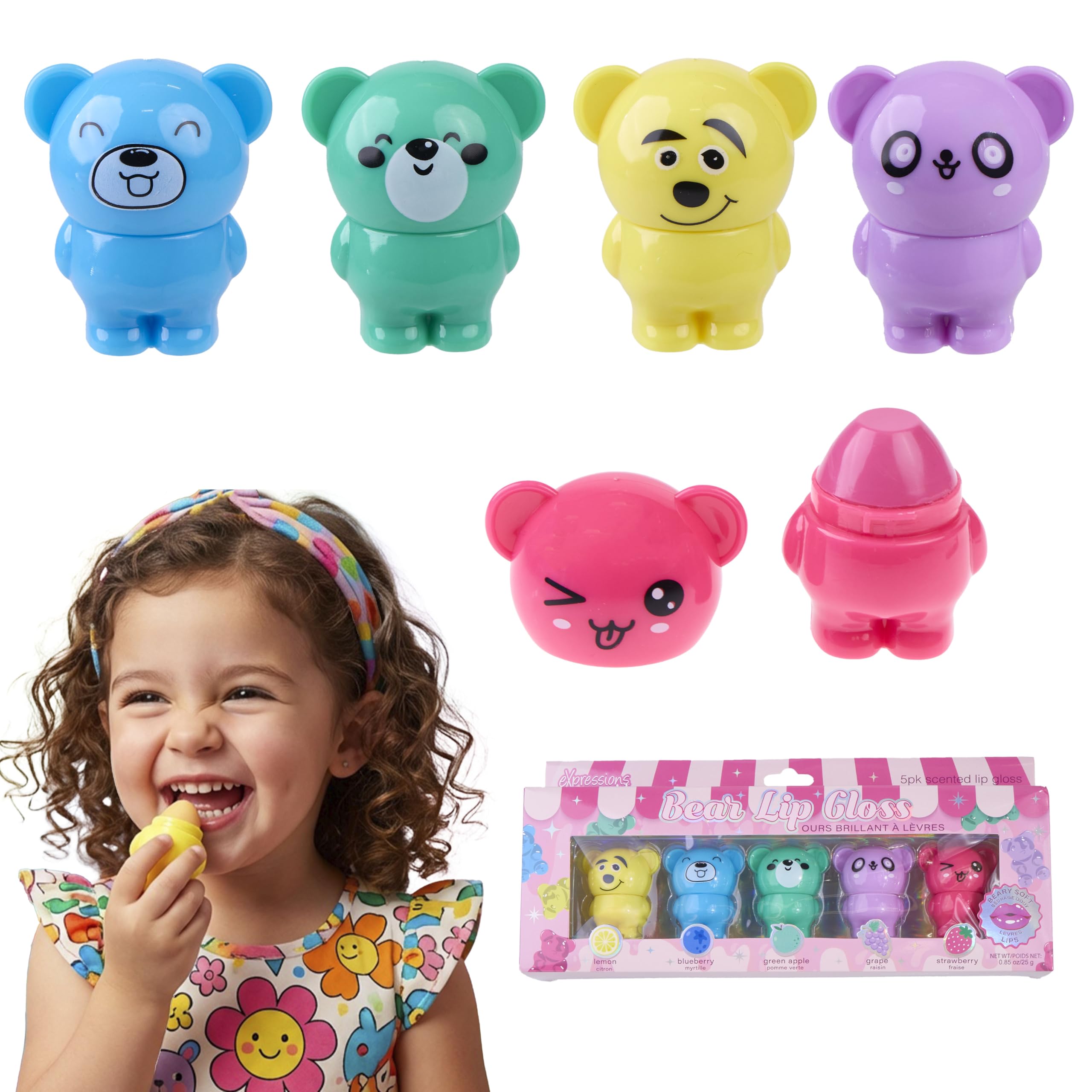5pc Scented Bear Lip Gloss Kids - Fruity Flavored Moisturizing
