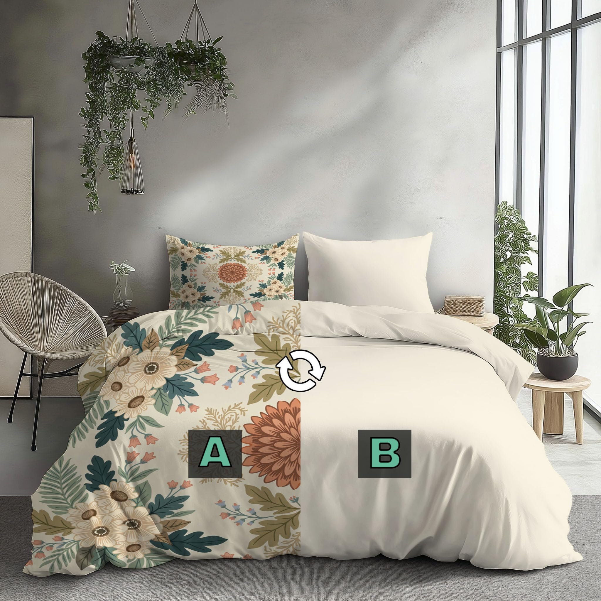 Funda Nórdica Cama 105 Crema,Juego de Cama de Impresión Delicado Estampado Floral Flores y Ramas Microfibra Suave Transpirable,Funda Edredón 200×200CM para Niños Niñas