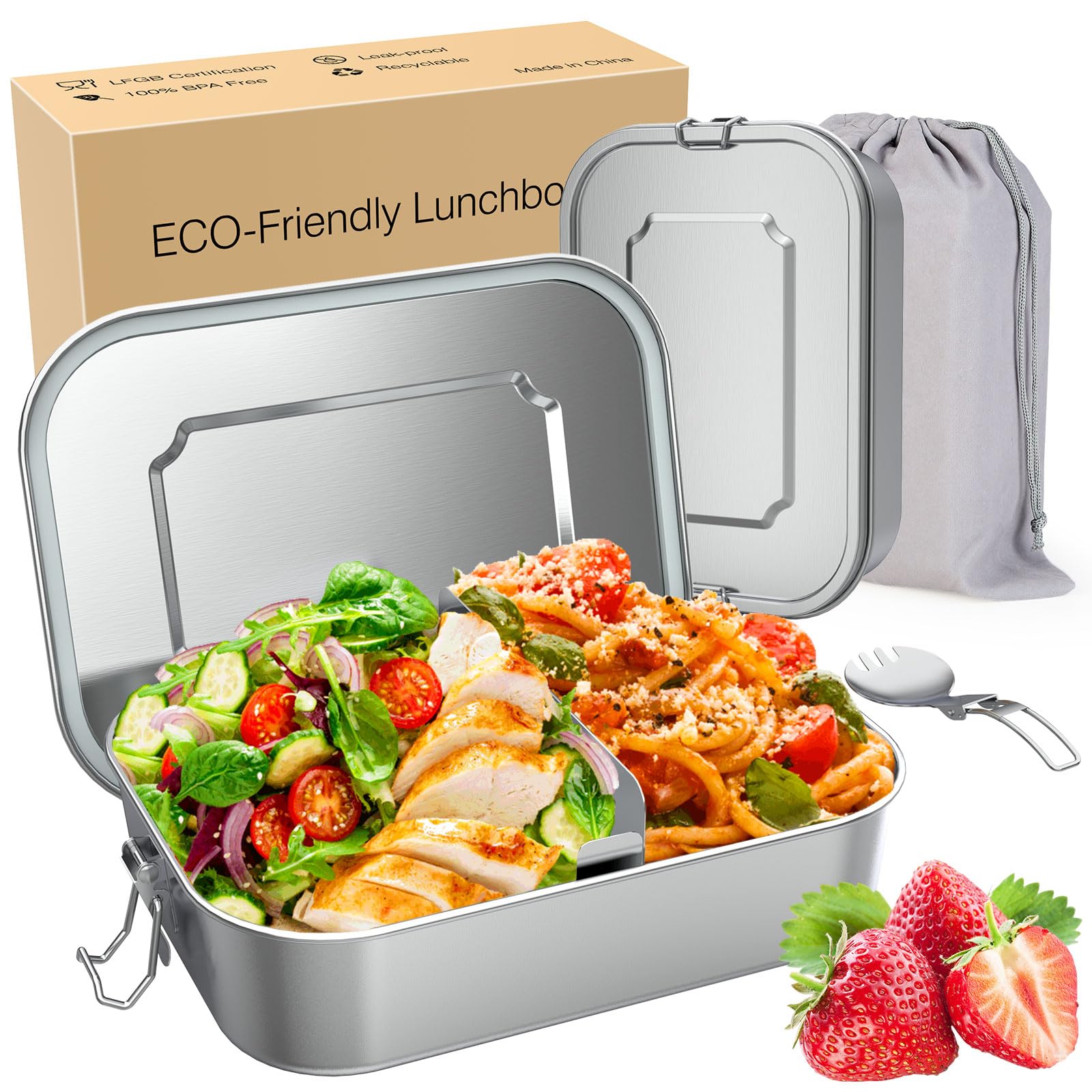 Brotdose Edelstahl mit Fächern, Lunchbox Auslaufsicher 1200ml, Brotzeitdose mit Trennwänd, Brotdosen Metall für Erwachsene & Kinder