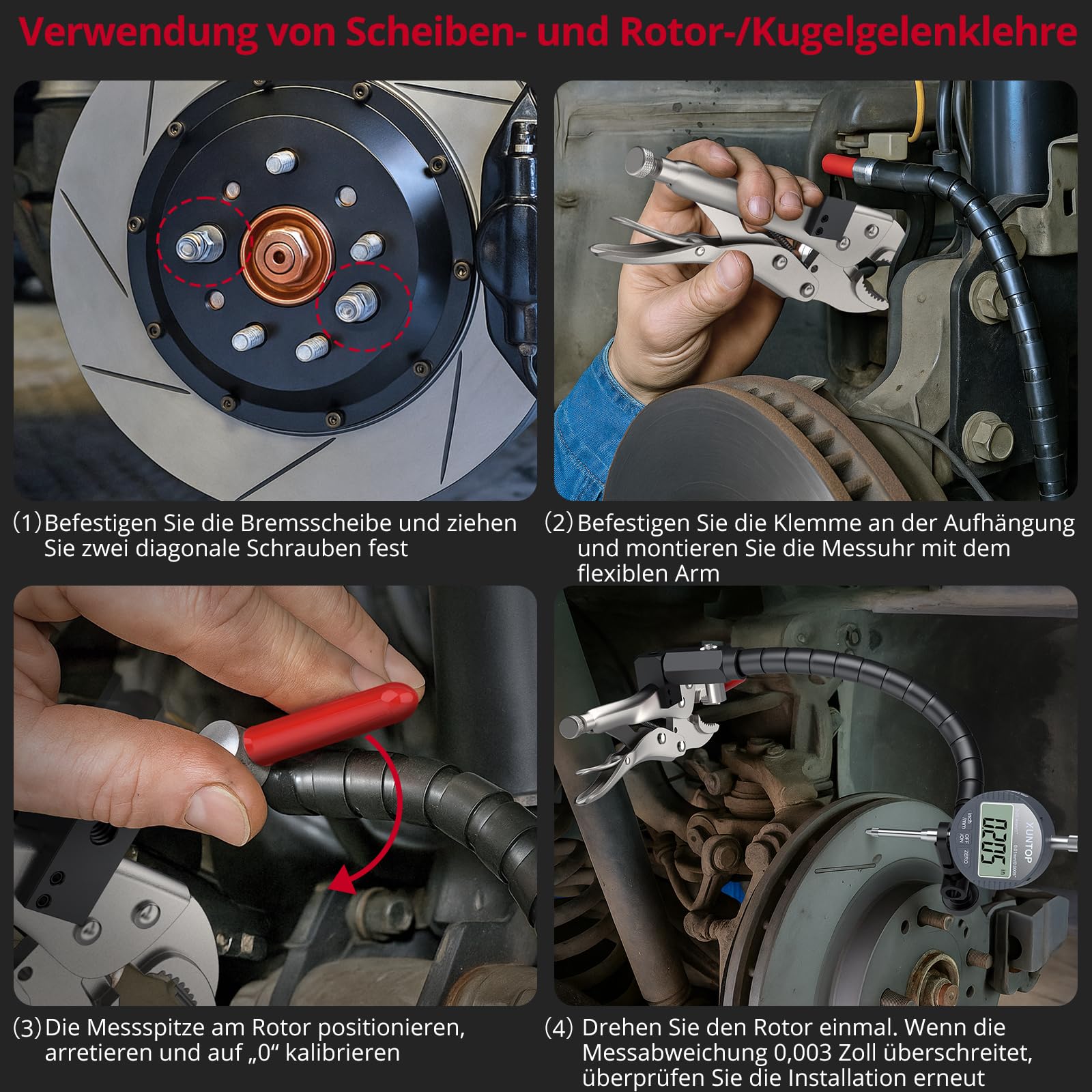 XUNTOP Auto Bremsscheiben Schlagfestigkeitsprüfer Scheibenbremsroto Messgerät 0.01 mm (0.0005 inch) Digitale Messuhr Mit 360°flexibler Stangenhalterung Produkt für die Automobilindustrie