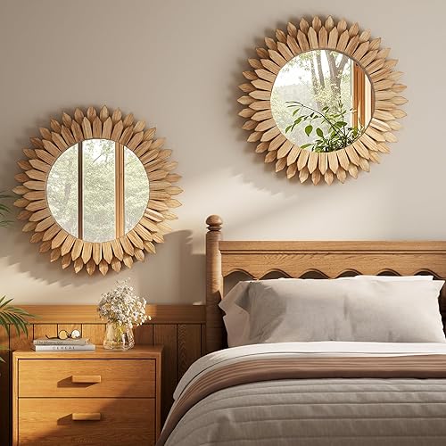 Miniatura 6 de Espejo de pared bohemio marrón de 24 pulgadas, decoración de pared redonda de madera, espejo circular rústico hecho a mano para sala de estar,