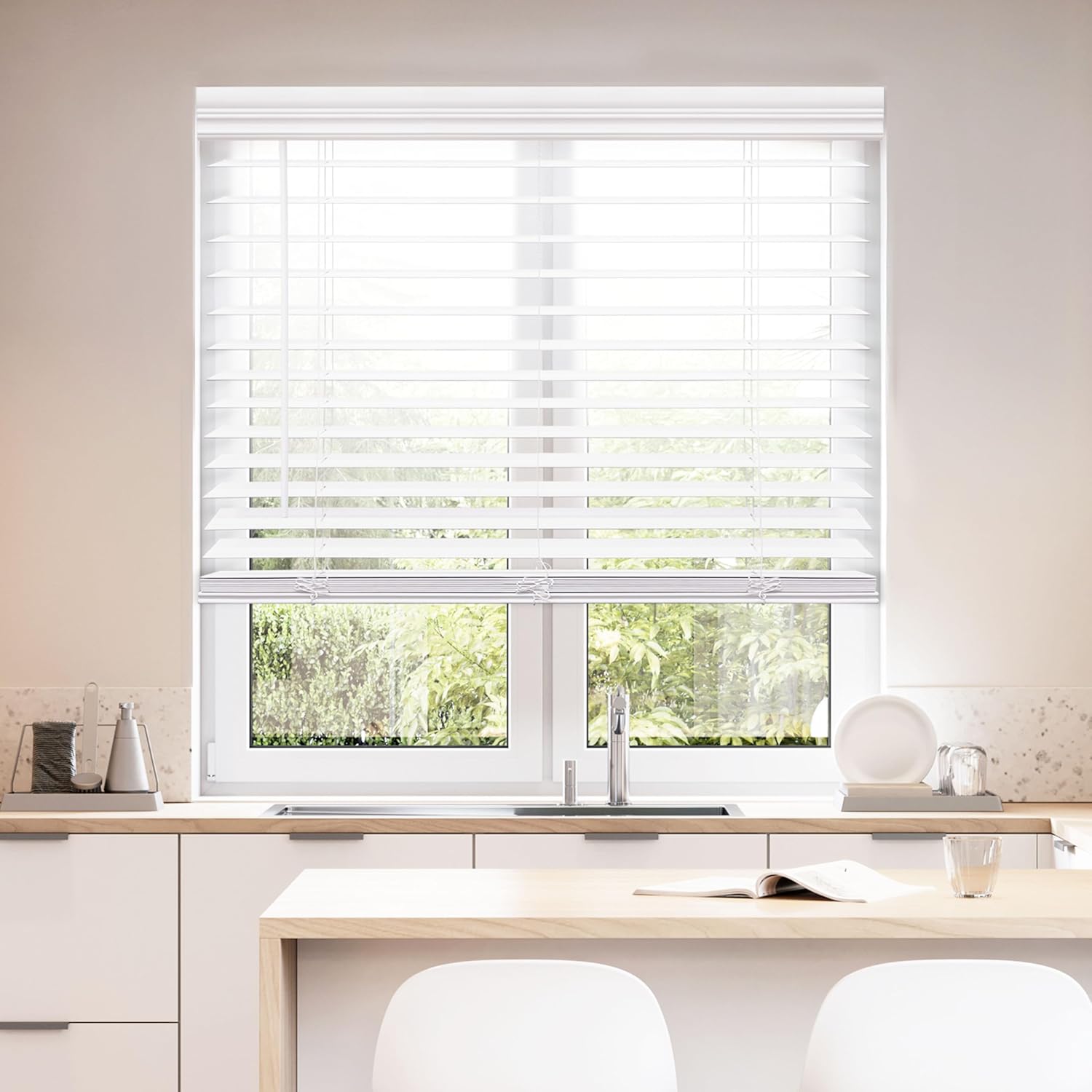 DEZ FURNISHINGS Cordless 2" Faux Wood Blind, 35" W x 72" H, White