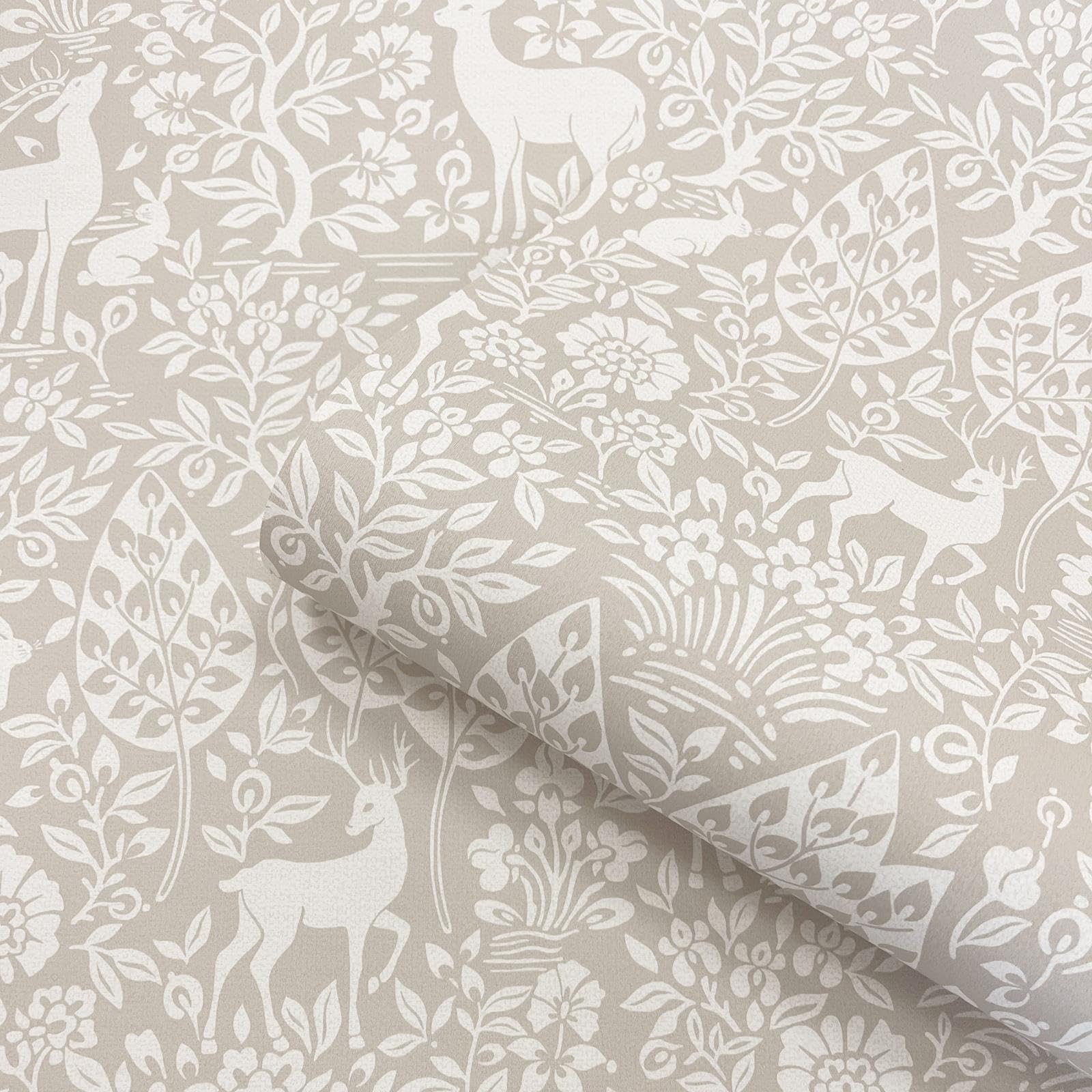 Sophie Laurence Taupe Floral Wallpaper Deer Rabbits Leaves Slightly Textured Feature Wall Lounge