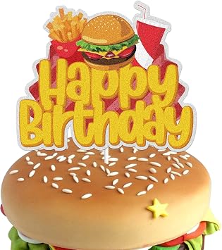 Hamburger Happy Birthday Cake Topper Gold Glitter Hot Dog Bun Bread Hamburger Dachshund Cake Decorations Food BBQ Cheeseburger French Fries Day Fast Food Themed Party Supplies