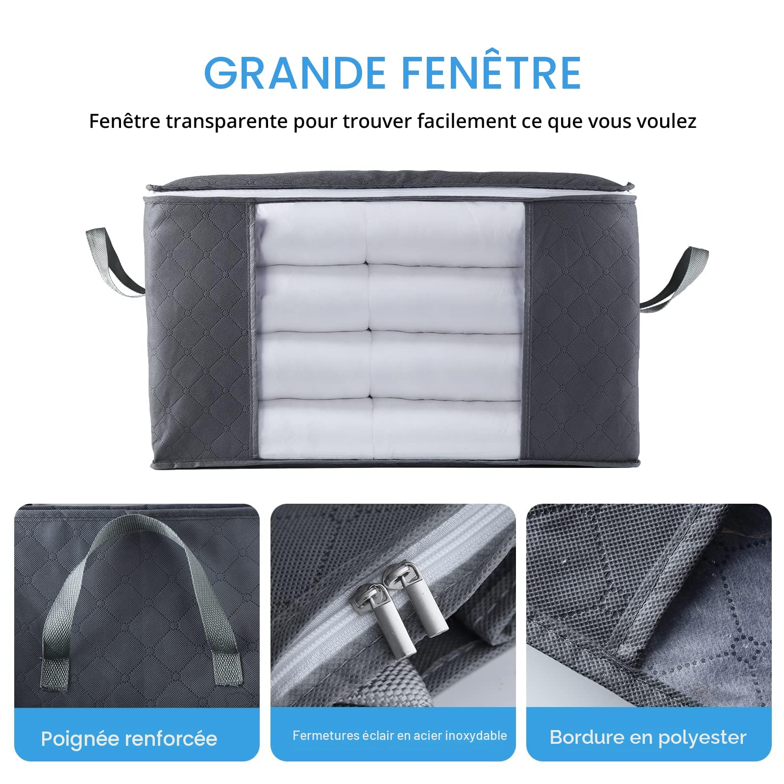 Withosent Lot de 5 Sac de Rangement Vetement 90L, Grands Boite Rangement Vetement sous Lit en Non-Tissé avec Poignée, Pliables Organisateurs pour Couette Literie Couvertures Oreillers Jouets