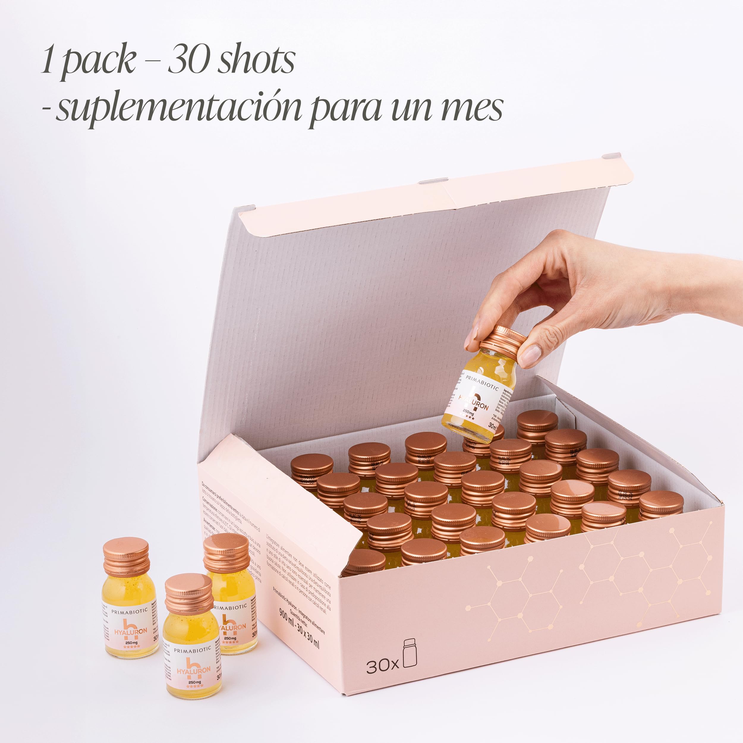 Ácido Hialurónico Bebible – Primabiotic Hyaluron 250 mg | 30 Botellitas de 30 ml (900 ml) | Complemento Alimenticio Bebible Premium para la Piel | Vegano, Sin Gluten y Sin Lactosa