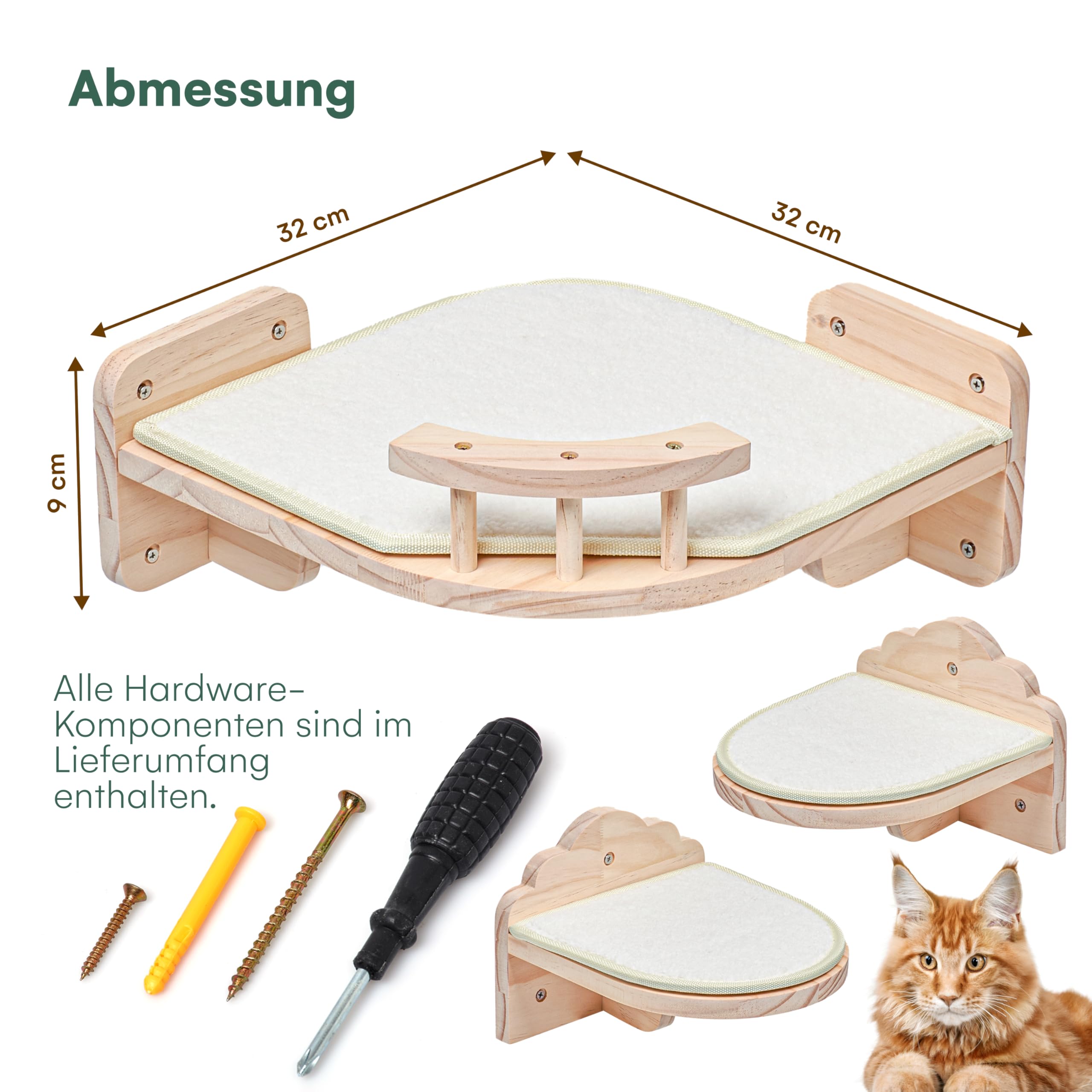 Pfotenolymp Kuschelige Katzenhöhle zur Wandmontage - Braun, Holz, Ruhe- und Kratzplatz für Katzen, Montage an der Wand für Spiel und Erholung Hygienisch & Pflegeleicht Umweltfreundlich - 32 x 9 cm