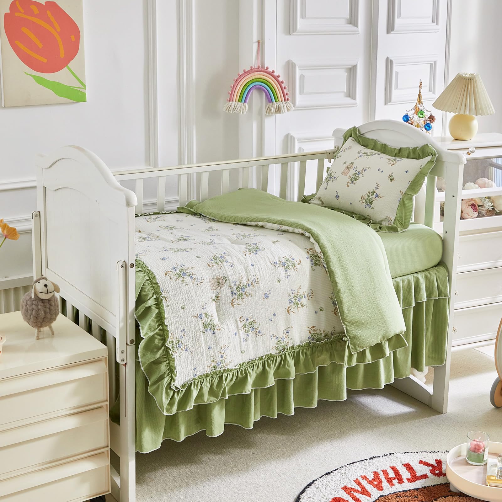 AIKASY Juego de ropa de cama para cuna con volantes y estilo desgastado para niñas, edredón acolchado para bebé, sábana bajera, falda de cama y funda de almohada