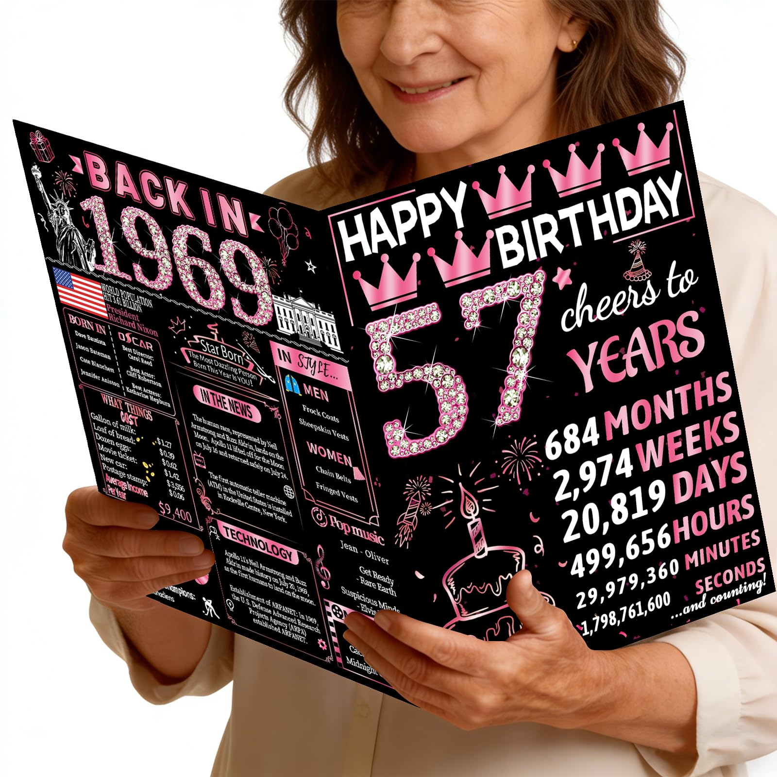 Joycard 57th Jumbo Birthday Card with Envelope, 57th Birthday Decorations for Women, 57th Birthday Gifts for Mother, Happy Birthday Cards for 57 Year Old Wife, Back in 1969