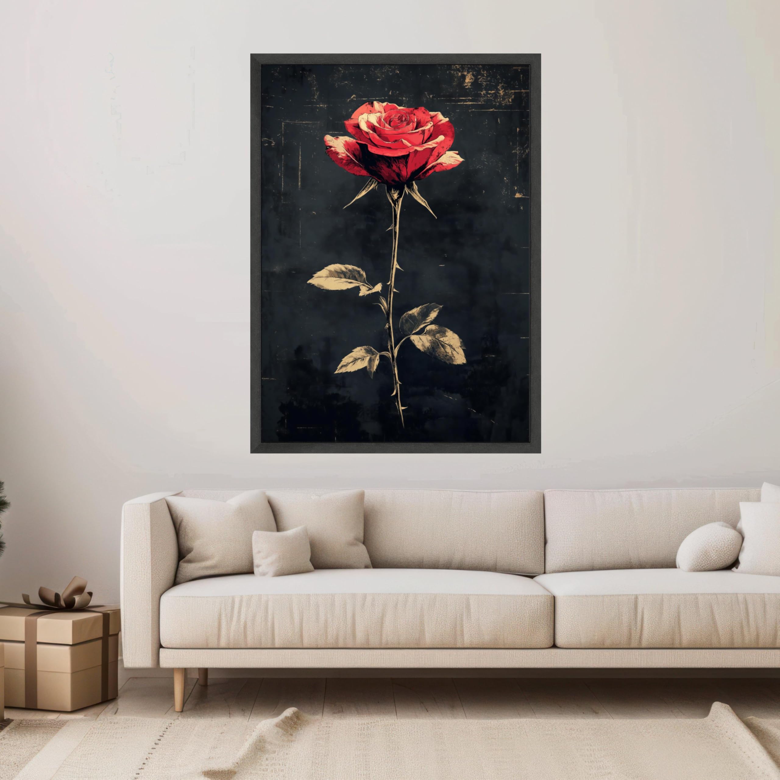 XINBAO Vintage czerwona róża ilustracja kwiatowa ciemne tło dekoracja botaniczna romantyczny kwiat malarstwo (40 x 60 cm / bez ramki)
