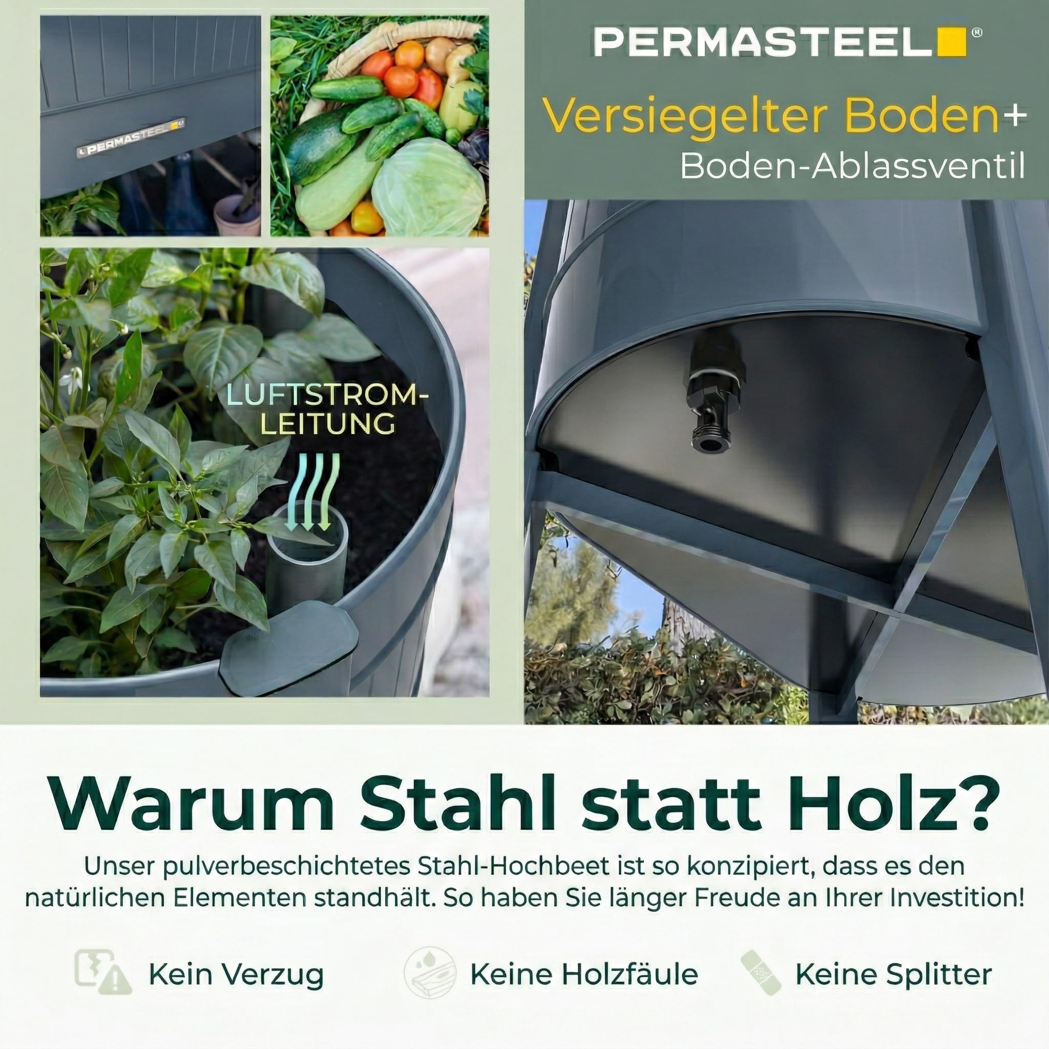 Permasteel Hochbeet Metall mit Rollen für Garten oder Balkon - Pflanzkübel groß außen 101x51x94 cm - Selbstbewässerungssystem, Wasserstandsanzeige und Ablassventil - Für Gemüse, Kräuter oder Blumen