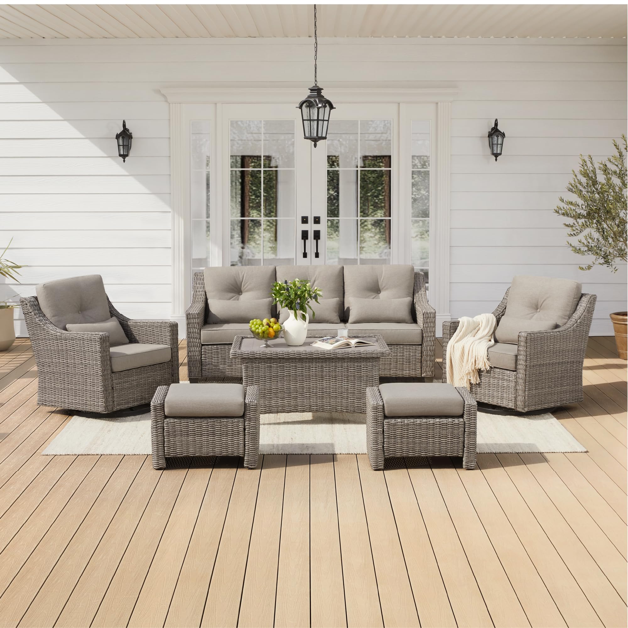 CHITA 6 Pieces Wicker Patio Furniture Set, Outdoor Conversation Set with 2 Pieces Rattan Rocking Swivel Chairs, 2 Pieces Ottomans and 3-Seater Sofa