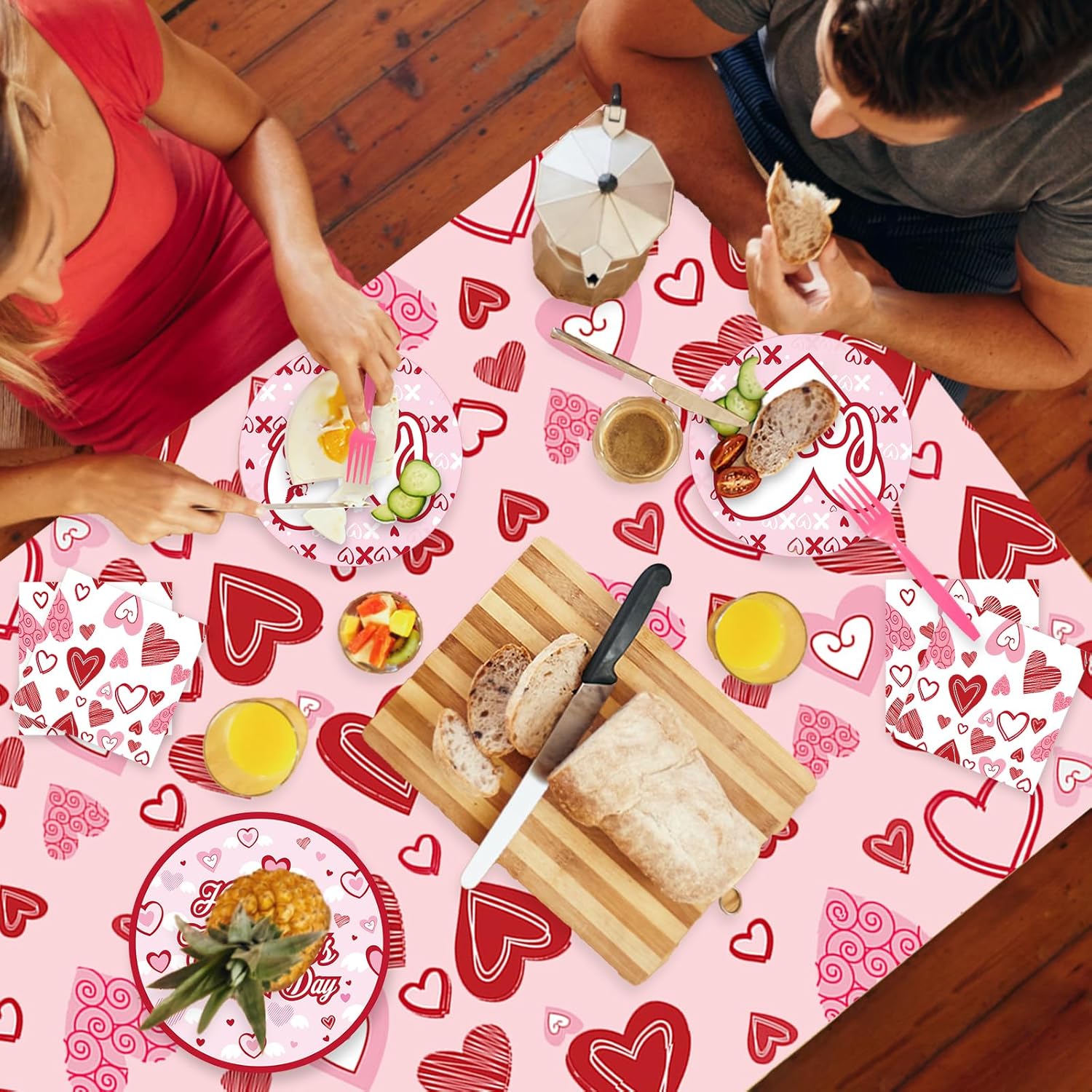 122PCS Valentine's Day Party Supplies Pink Heart Paper Plates Napkins Banner Tablecloth Tableware Set for Valentine's Day Party Decorations Serves 24