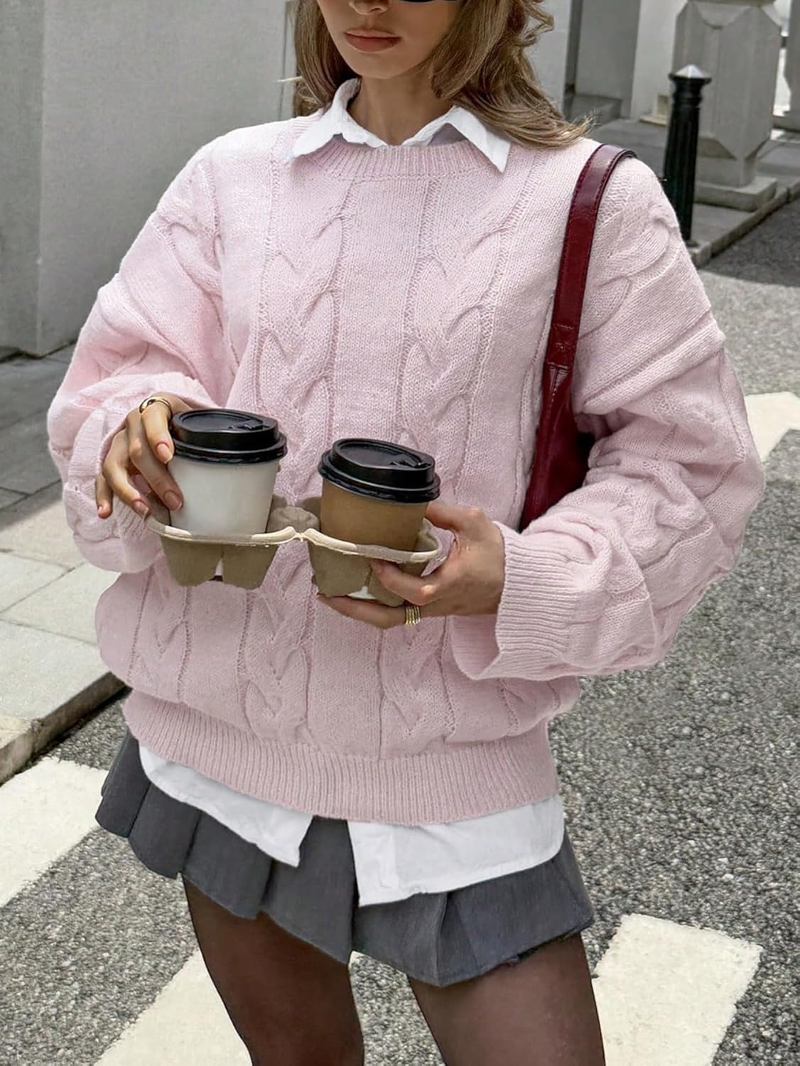 MakeMeChic Women's Cute Sweater Crew Neck Cable Knit Oversized Lightweight Pullover Sweaters - Image 2