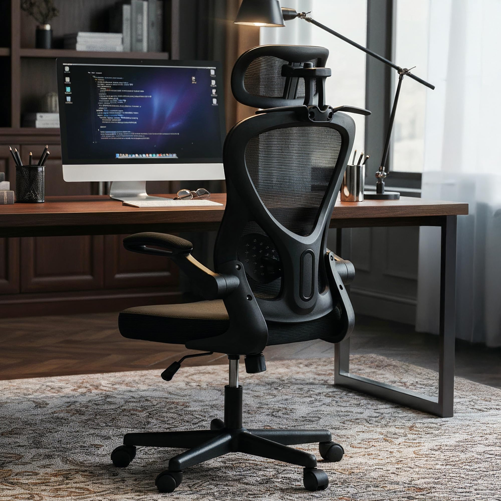 DROGO Ergonomic Office Chair for Work from Home with Breathable Mesh, Flip-up Armrest, Adjustable 3D Headrest & Lumbar Support | Computer Chair for Study | Gaming Chair with 130° Recline (Black)