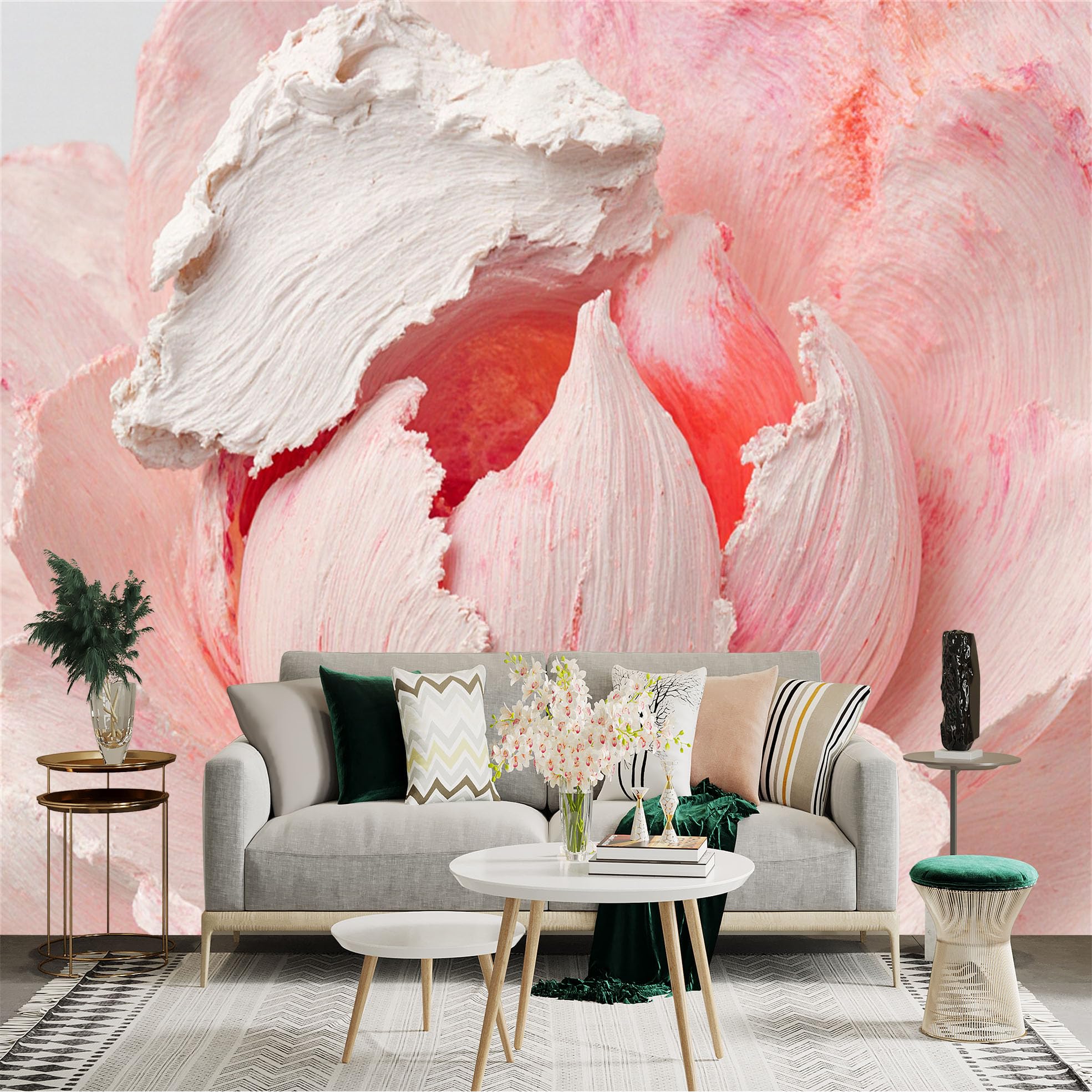 Custom Size Wall Sticker Mural， Abstract Pink Flower Petals， Textured Oil Painting Art， Elegant Soft Bloom， for wall Decoration， peelandstick wall Decals.
