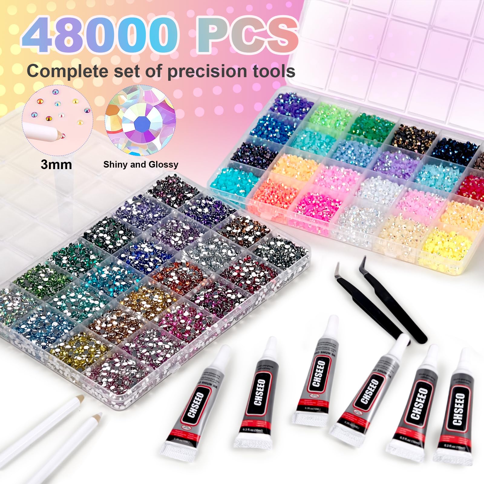 48000Pcs Resina Jelly Strass 48 Colori Nail Gems Bedazzling Kit