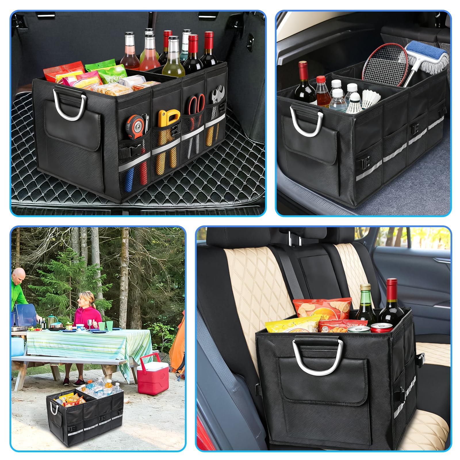 Rangement Coffre de Voiture Organiseur de coffre de voiture pliable Oxford 1680D Organisateur de Coffre Sac de Rangement avec Sac imperméable Sac pour Coffre avec Couvercle