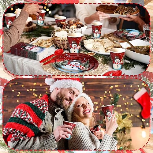 Miniatura 5 de Sinmoe Juego de vajilla de Navidad de 400 piezas, juego de platos y servilletas desechables de Navidad para 50 platos de papel de Navidad de