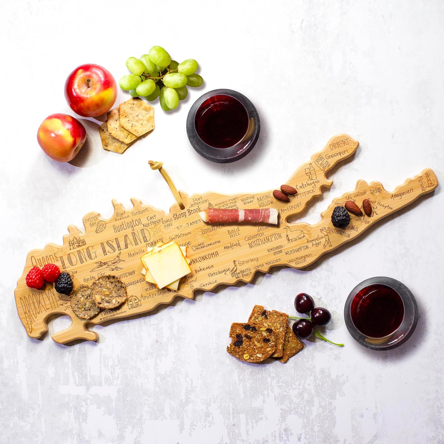 Totally Bamboo Destination Long Island Shaped Cutting Board – Bamboo Charcuterie and Serving Board with Hang Tie for Wall Display