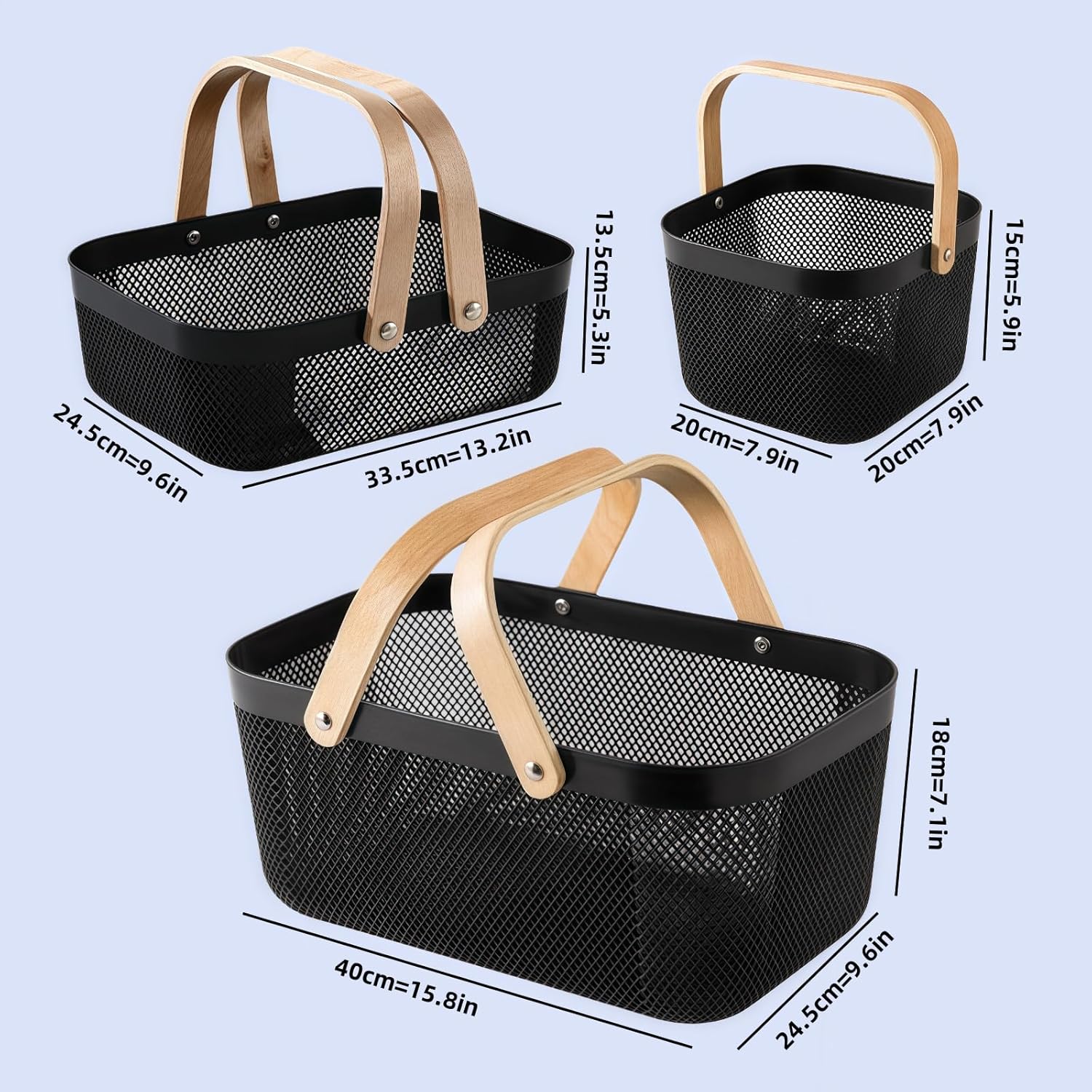 3pcs Collapsible Wooden Handle Plastic Harvest Basket - Rectangular Garden Storage Basket for Picking and Collecting Vegetables, Fruits - Ideal for Garden Cabinets & Outdoor Use (Black)