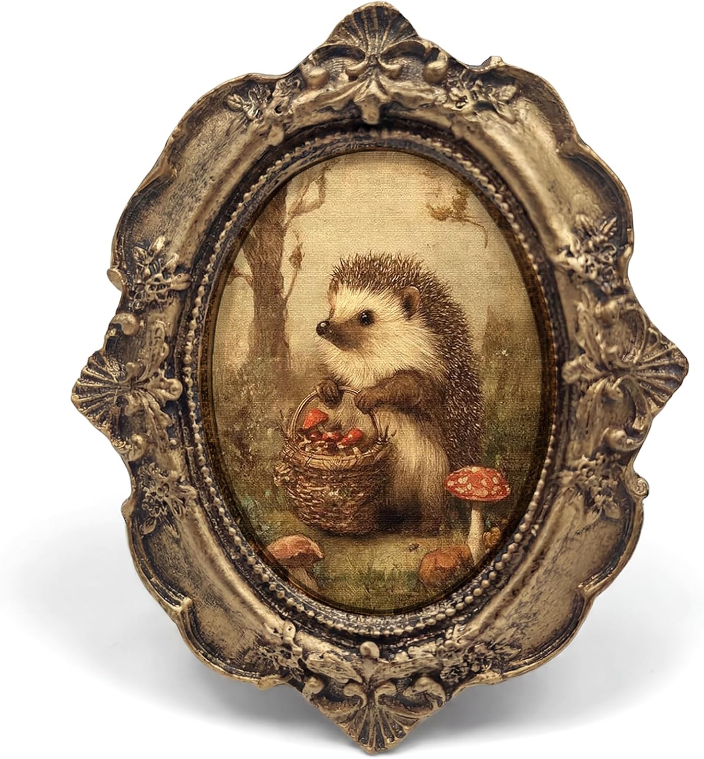 Vintage Hedgehog Mushroom Small Bronze Oval Picture Frame,Woodland Fall Cottagecore Mini Ornate Photo Frame Baroque for Wall Art Decor TableTop, Cute Framed Artwork Gifts for Bedroom 4x5in
