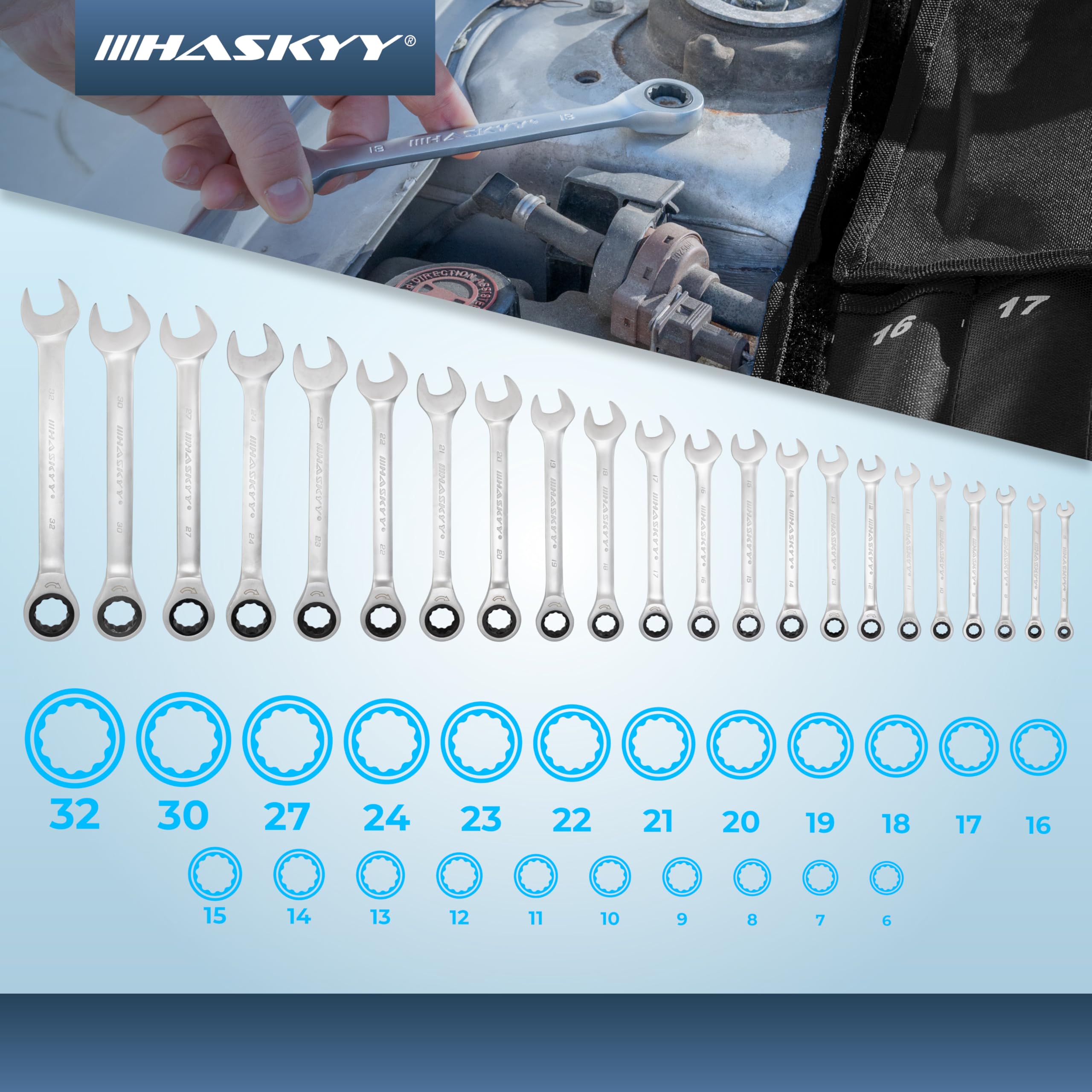 HASKYY Ratschenschlüssel Ringmaul Satz 6-32 mm Gabelschlüssel Ratschen Schlüssel 22 tlg Ringratschenschlüssel Set in Tasche 72 Zähne Ratsche
