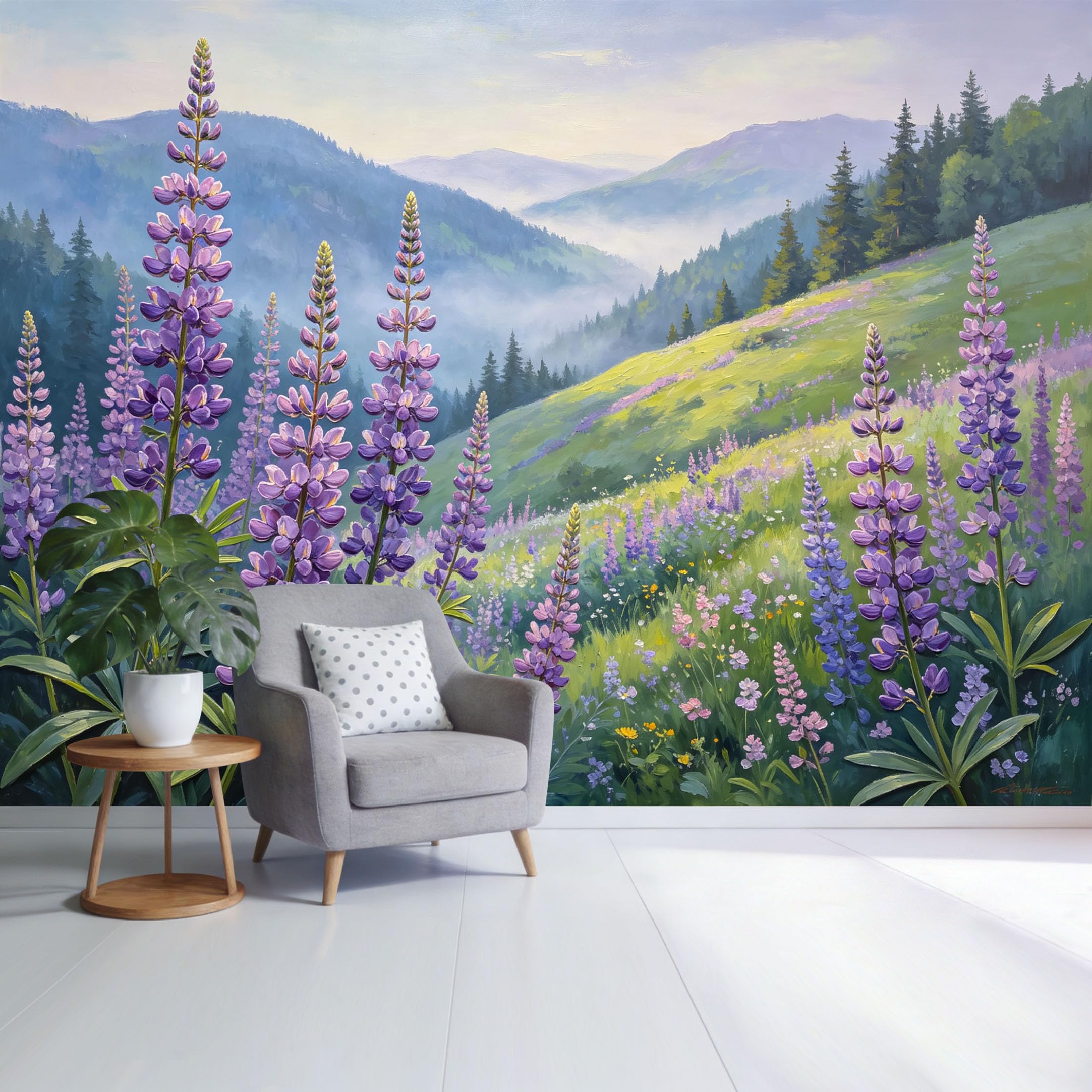 Custom Size Wall Mural Purple Lupine Mountain Landscape Misty Valley Summer Meadow Botanical Oil Painting SelfAdhesive Wall Fabric Removable Wallpaper for Home Office Decor