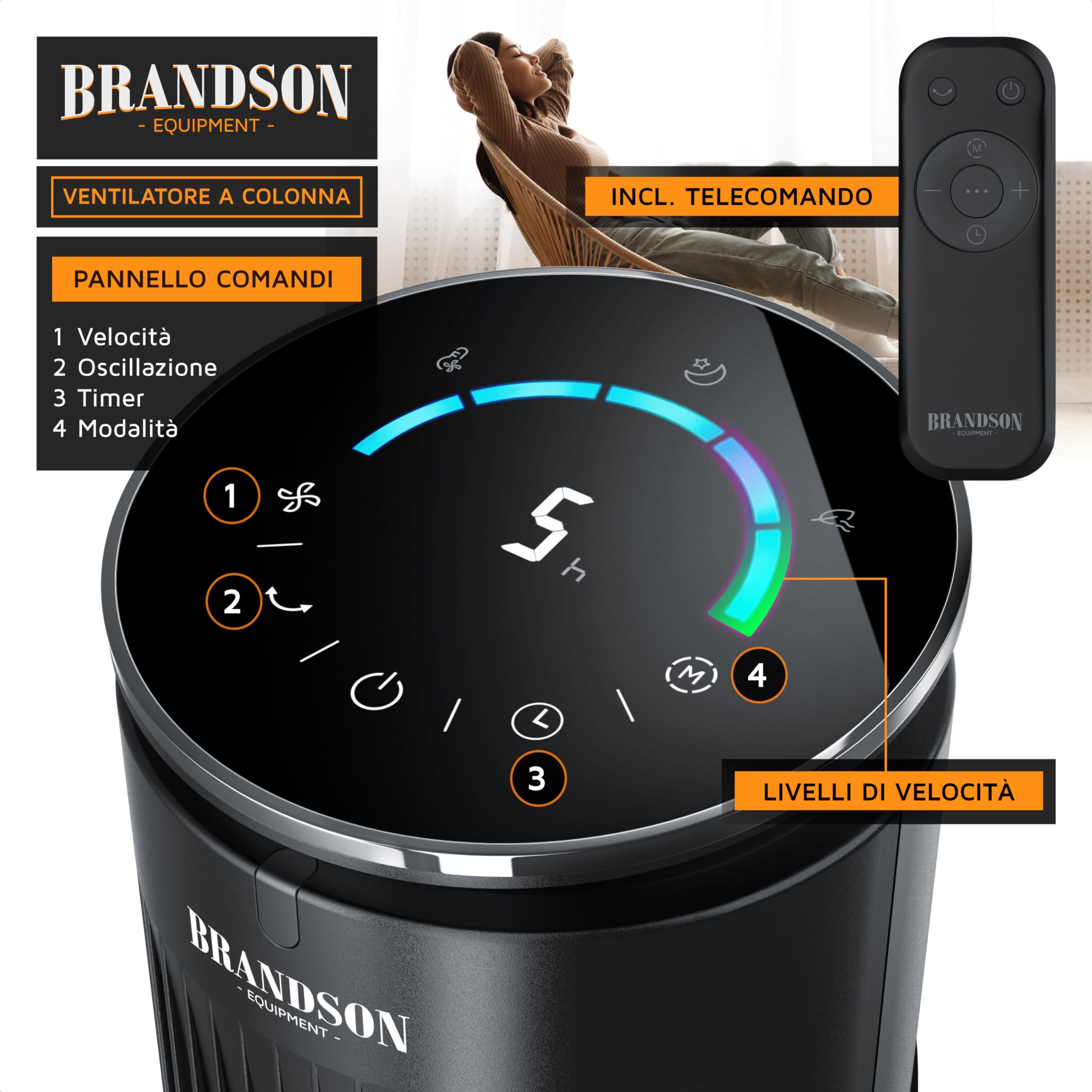 Brandson - Ventilatore a torre con telecomando - vano aroma - molto silenzioso - oscillazione - timer - 4 modalità - 5 livelli di velocità - indicatore LED - nero