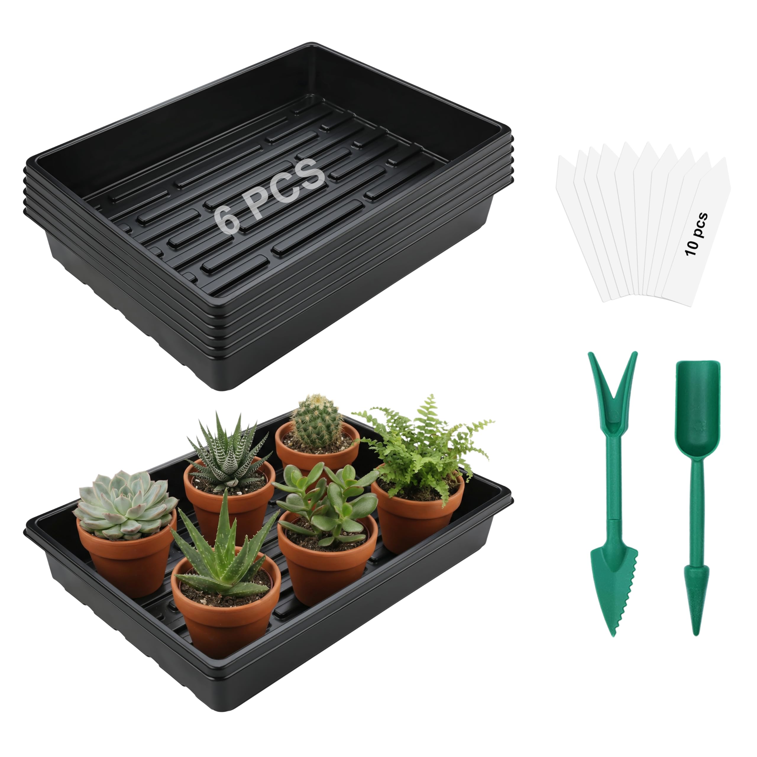 6 Pièce Plateau Semis Réutilisable Plateaux de Culture sans Trous avec Etiquette Semis pour Légume Fleurs Germination Hydroponique Jardin Serre (6, 39x29x6.5cm)
