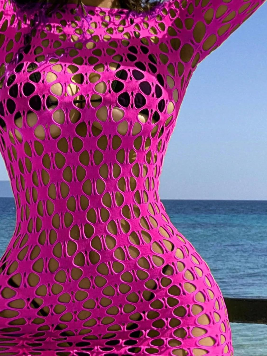 Women's Sexy Long Sleeve Round Mesh Hollow Backless Dress Beach Cover Up For Summer cover ups for swimwear