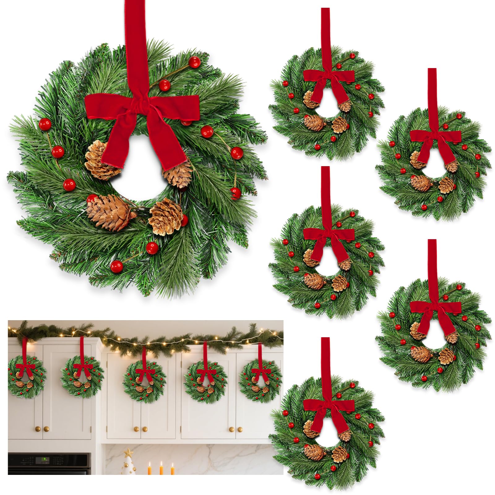 6 Pcs Mini Christmas Wreaths, 12 Inch Christmas Wreath for Cabinets Kitchen