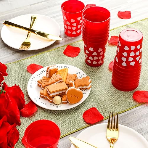 Miniatura 3 de 30 vasos de plástico de San Valentín, vasos de corazón de 8 onzas, vasos de fiesta fríos para fiestas, vasos rojos con patrón de corazón blanco para