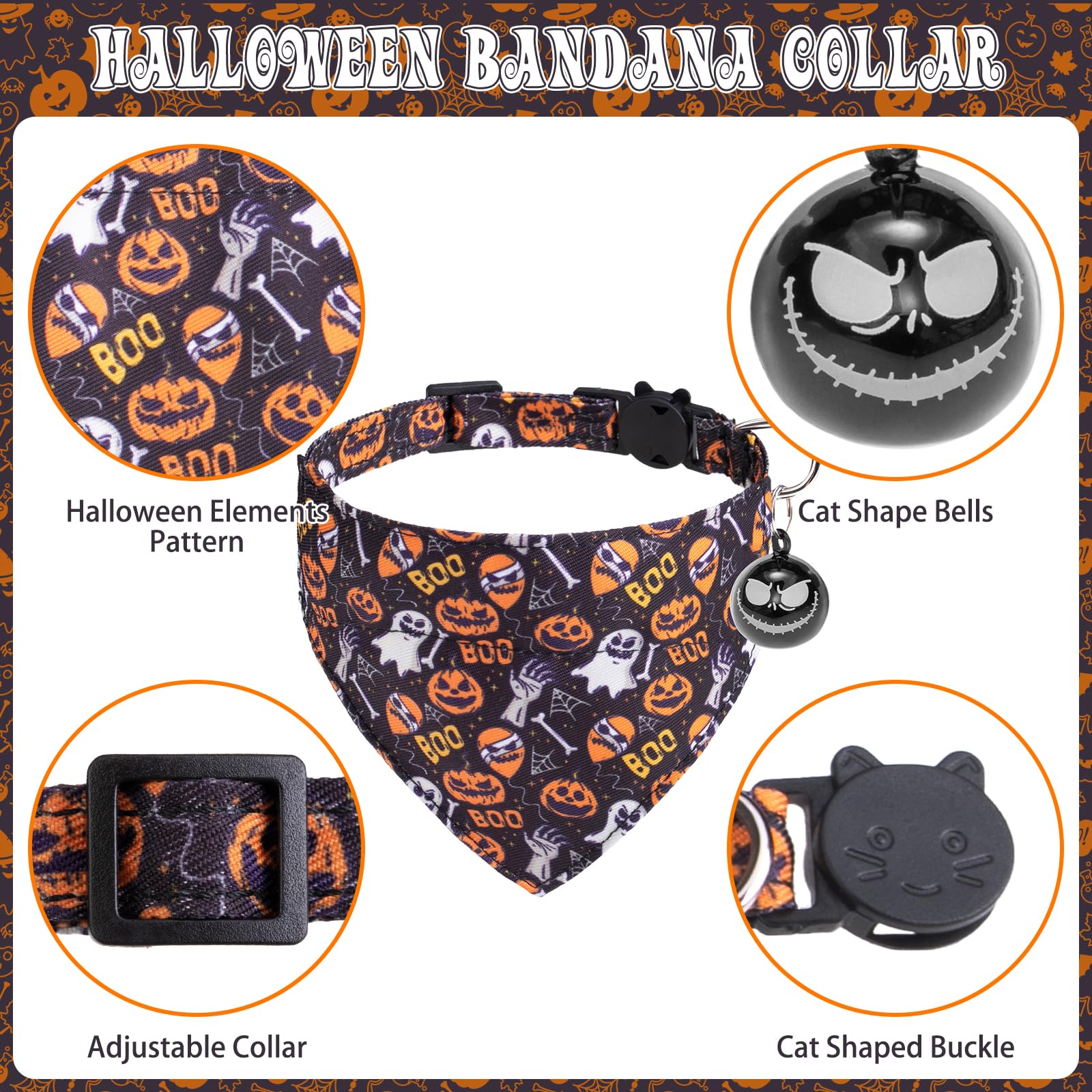 EXPAWLORER Halloween-Katzenhalsband mit abnehmbarer Fliege und Bandana, verstellbares Urlaubs-süßes Breakaway-Katzenhalsband mit Glocke und Kürbislampe, ideales Geschenk für Kätzchen, Katzen, Welpen,