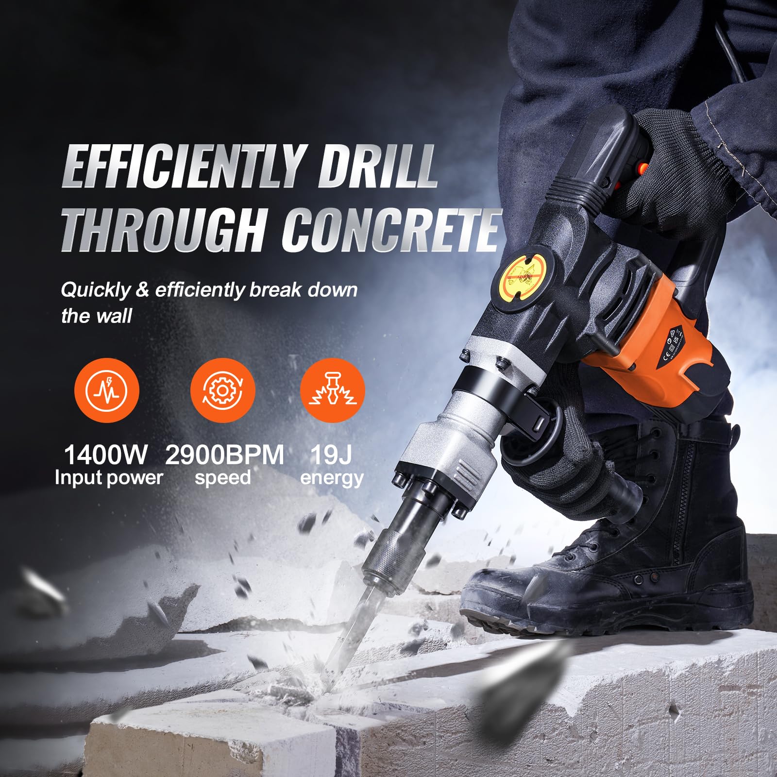 Happybuy 1400W Electric Demolition Jack Hammer, 2900 BPM Heavy Duty Concrete Breaker, 2 Chisels & Gloves, Carrying Case